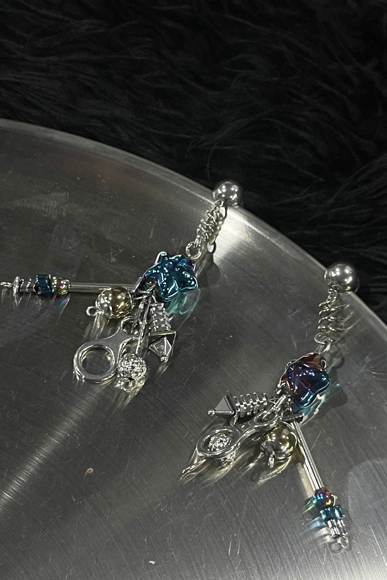 ILLUSORY Space Odyssey Industrial Drop Earrings/ Ear Clip Blue, premium urban and streetwear designers apparel on PROJECTISR.com, ILLUSORY