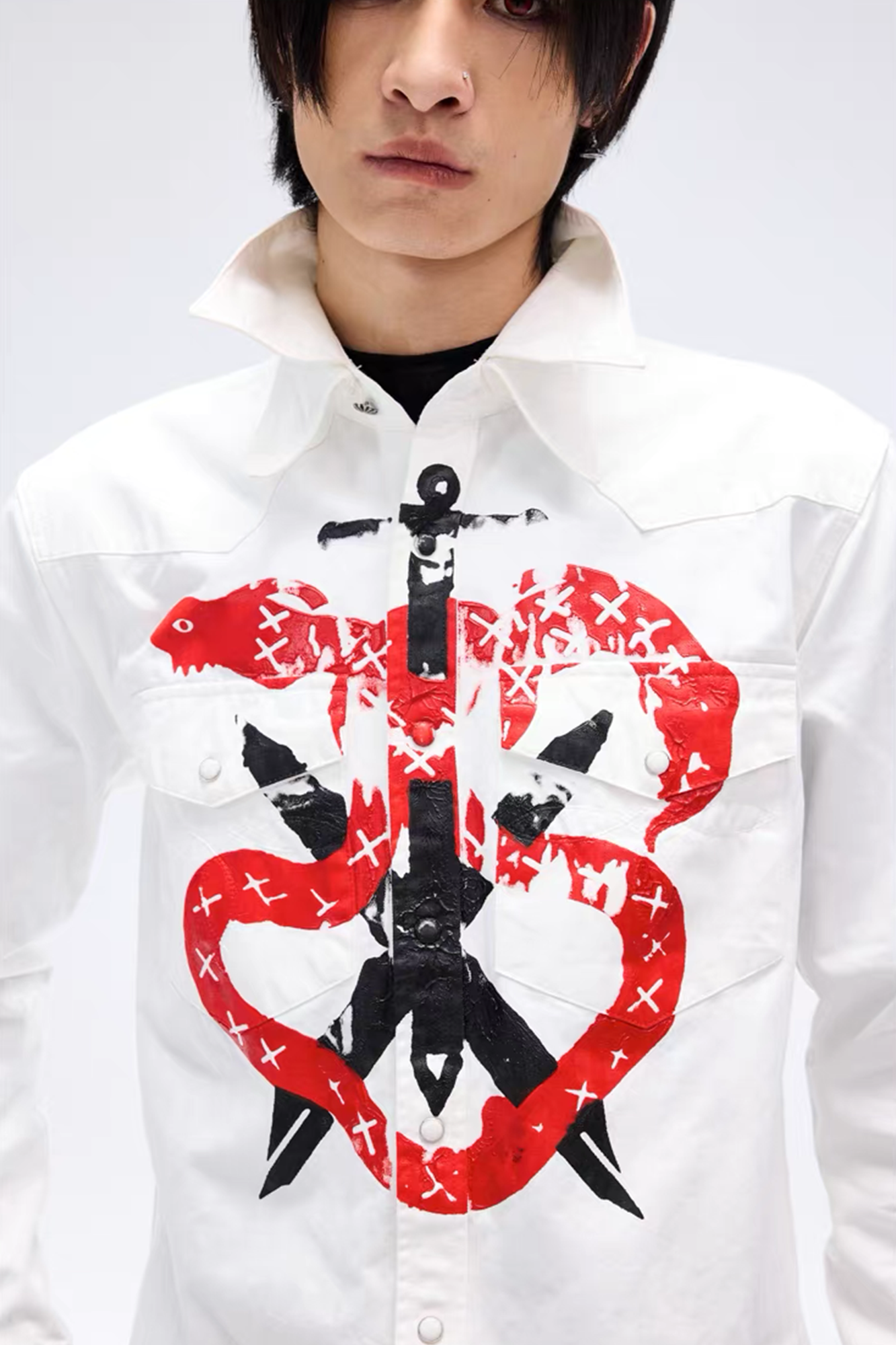 NOTHINGNESS WORLD Snake Graphic Layered-Collar Denim Shirt, premium urban and streetwear designers apparel on PROJECTISR.com, NOTHINGNESS WORLD