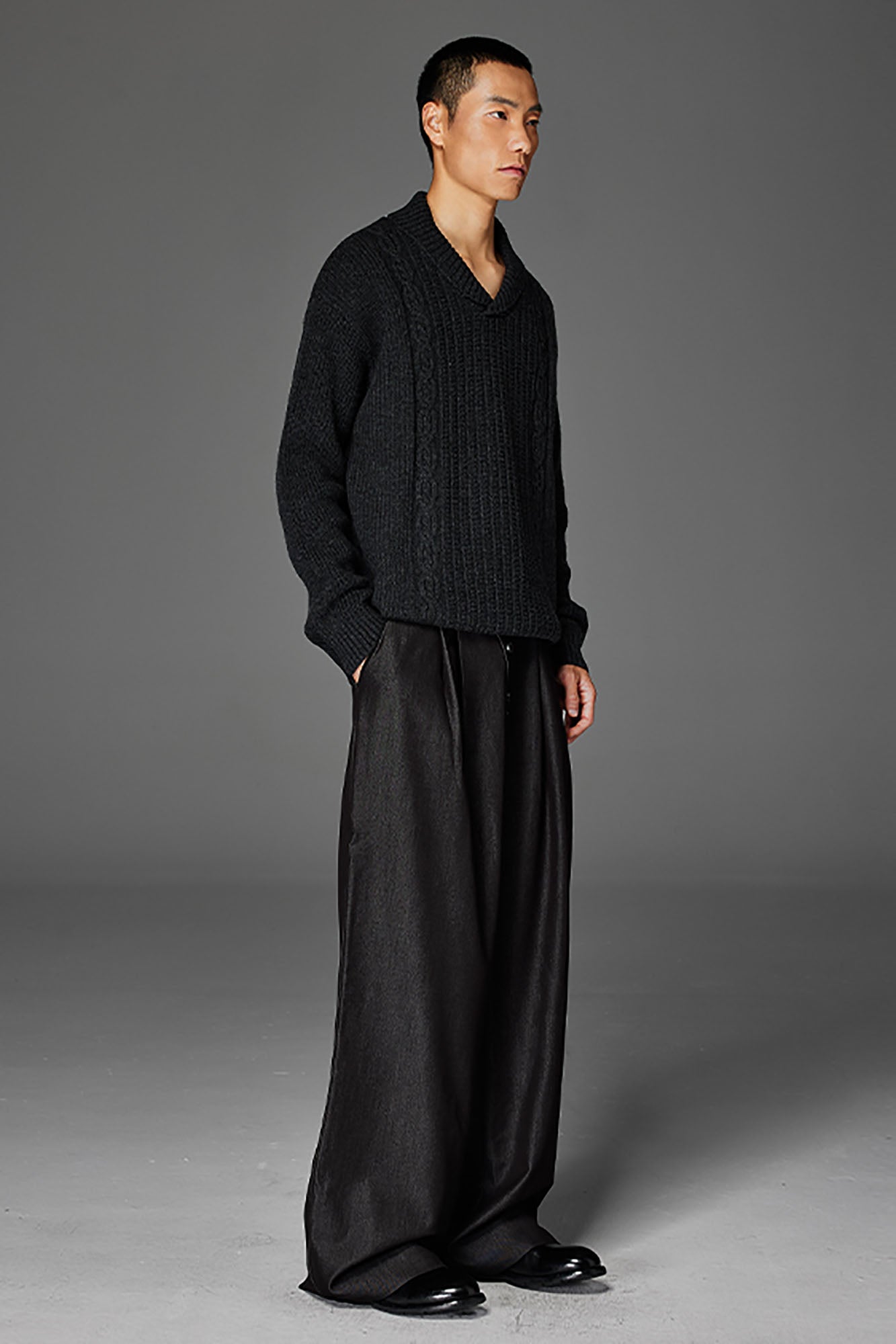 CATSSTAC Wool-Blend Shawl-Collar Cable Knit Sweater
