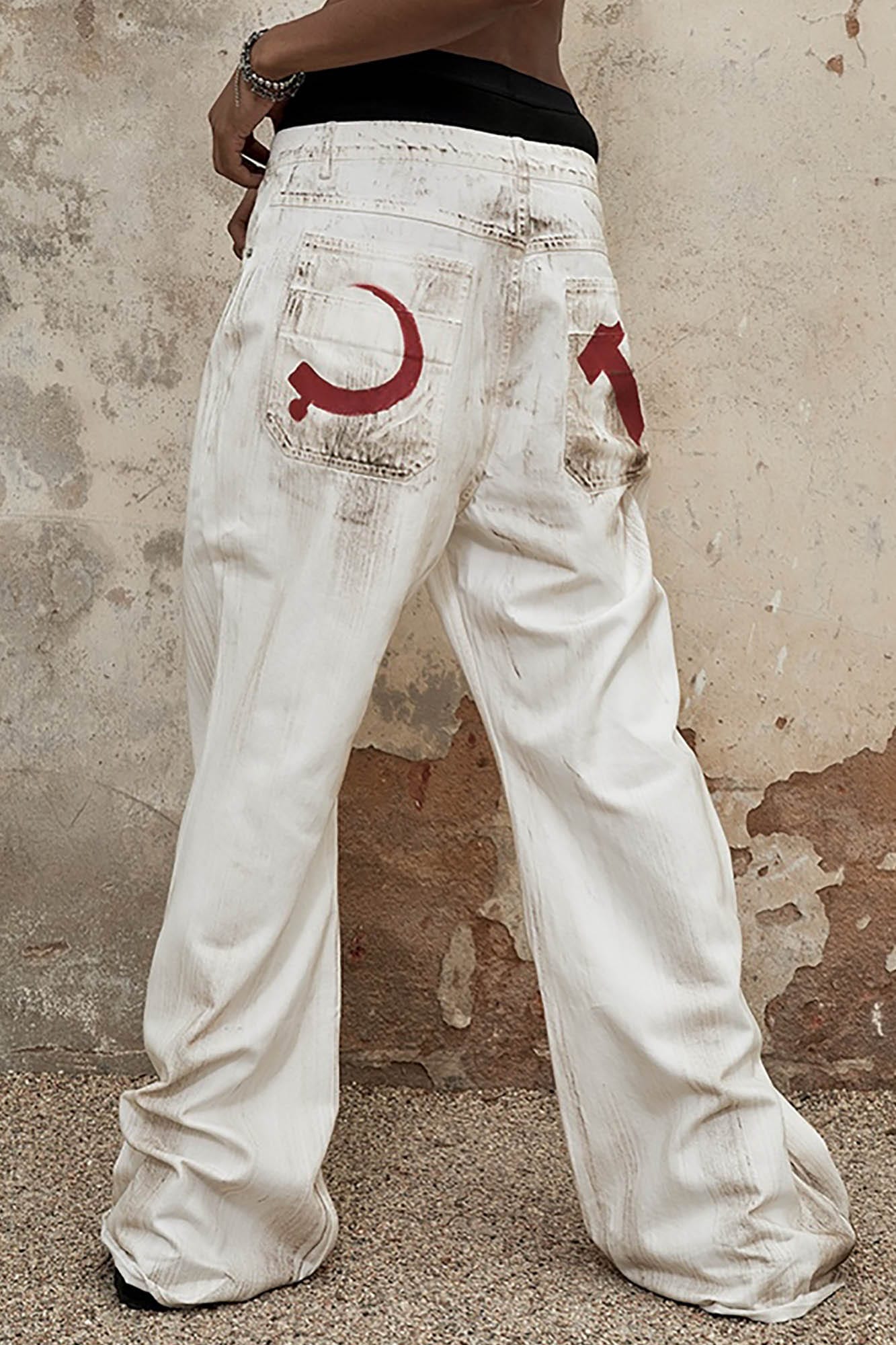 TRIANGLE PROJECT Distressed Crescent Blade Flared Denim Pants, premium urban and streetwear designers apparel on PROJECTISR.com, TRIANGLE PROJECT