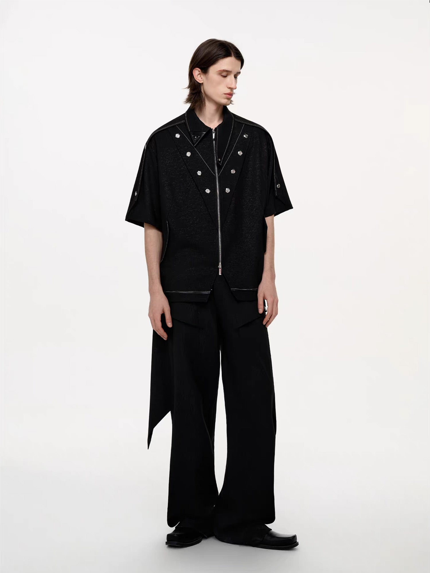 TIWILLTANG Studded Trim Zip-Up Half Shirt, premium urban and streetwear designers apparel on PROJECTISR.com, TIWILLTANG
