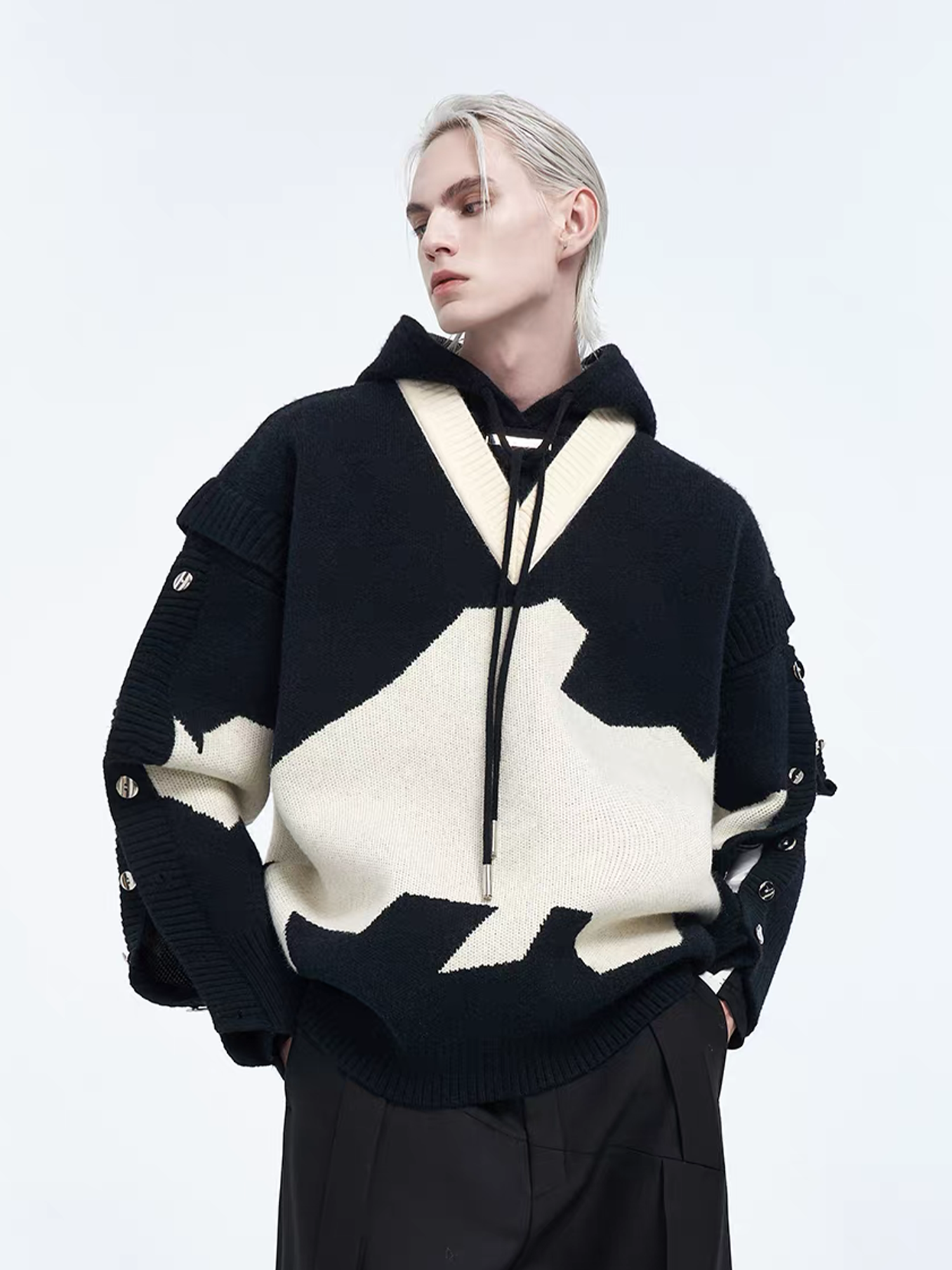 TIWILLTANG Contrast Layered Snap-Sleeves Knit Hoodie, premium urban and streetwear designers apparel on PROJECTISR.com, TIWILLTANG