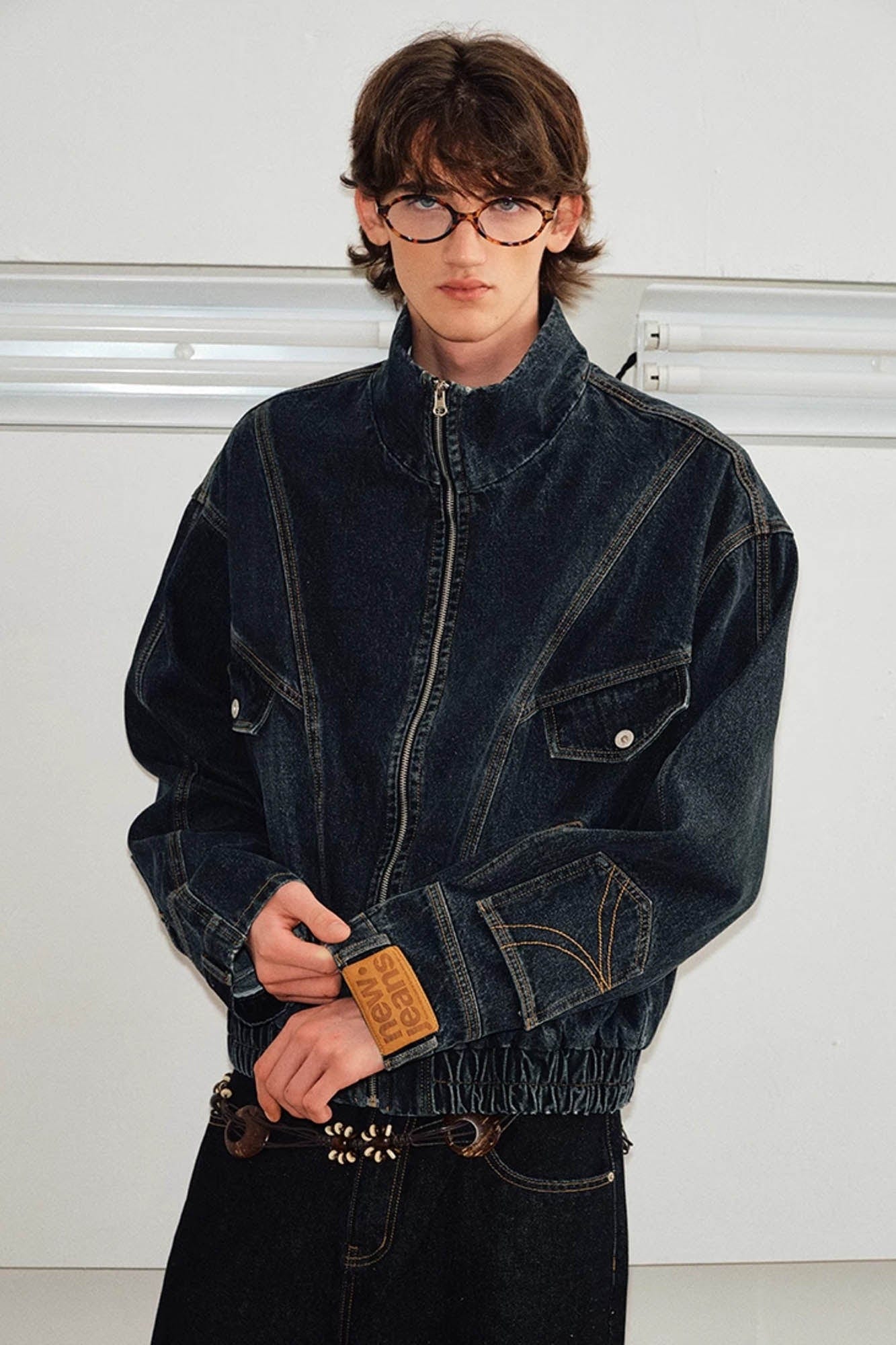 KREATE Jeans Cuff Spliced Stand Collar Jacket, premium urban and streetwear designers apparel on PROJECTISR.com, KREATE