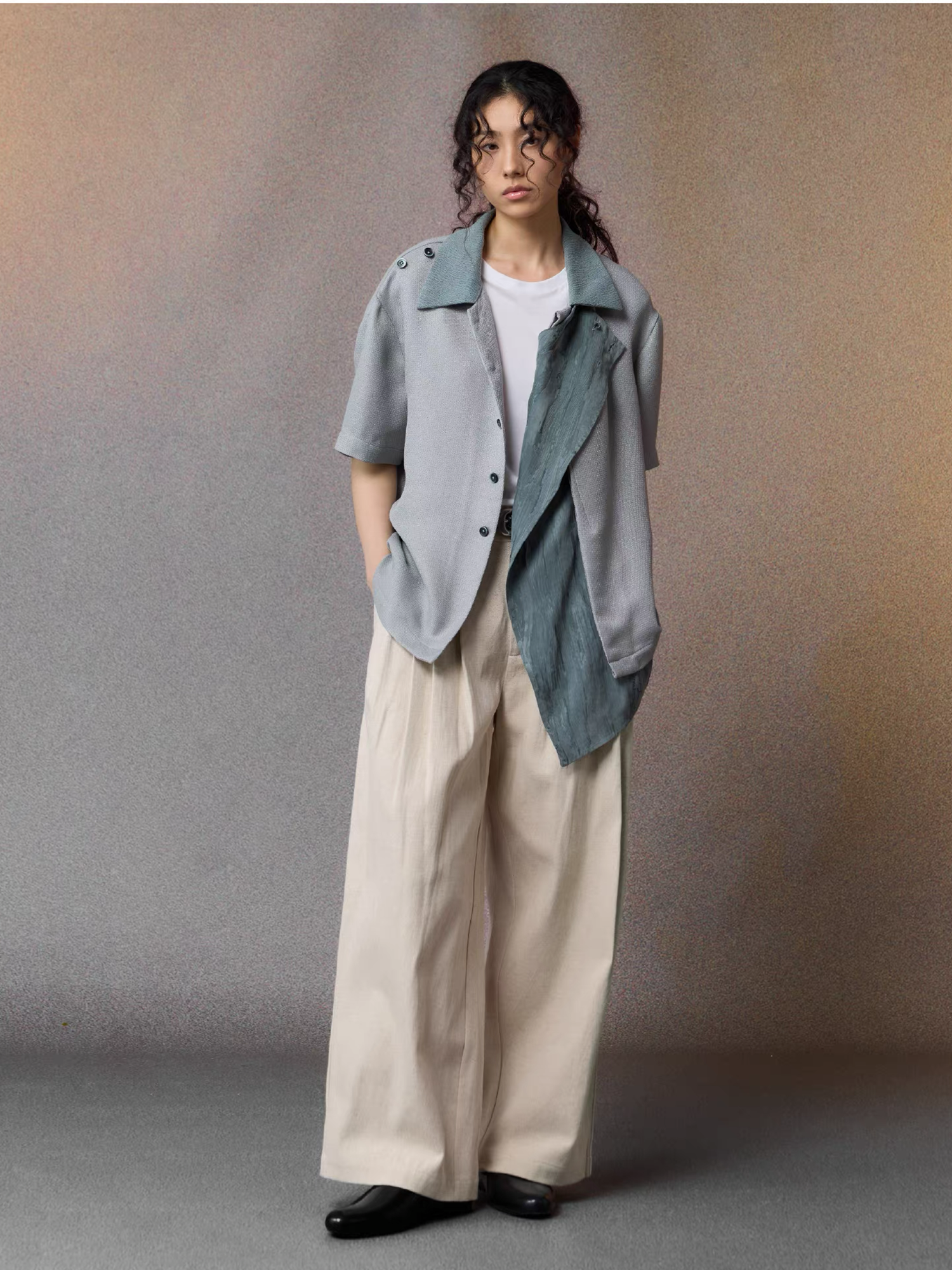 ALVNG AR ANTS Asymmetrical Contrast Spliced Linen Half Shirt, premium urban and streetwear designers apparel on PROJECTISR.com, ALVNG AR ANTS