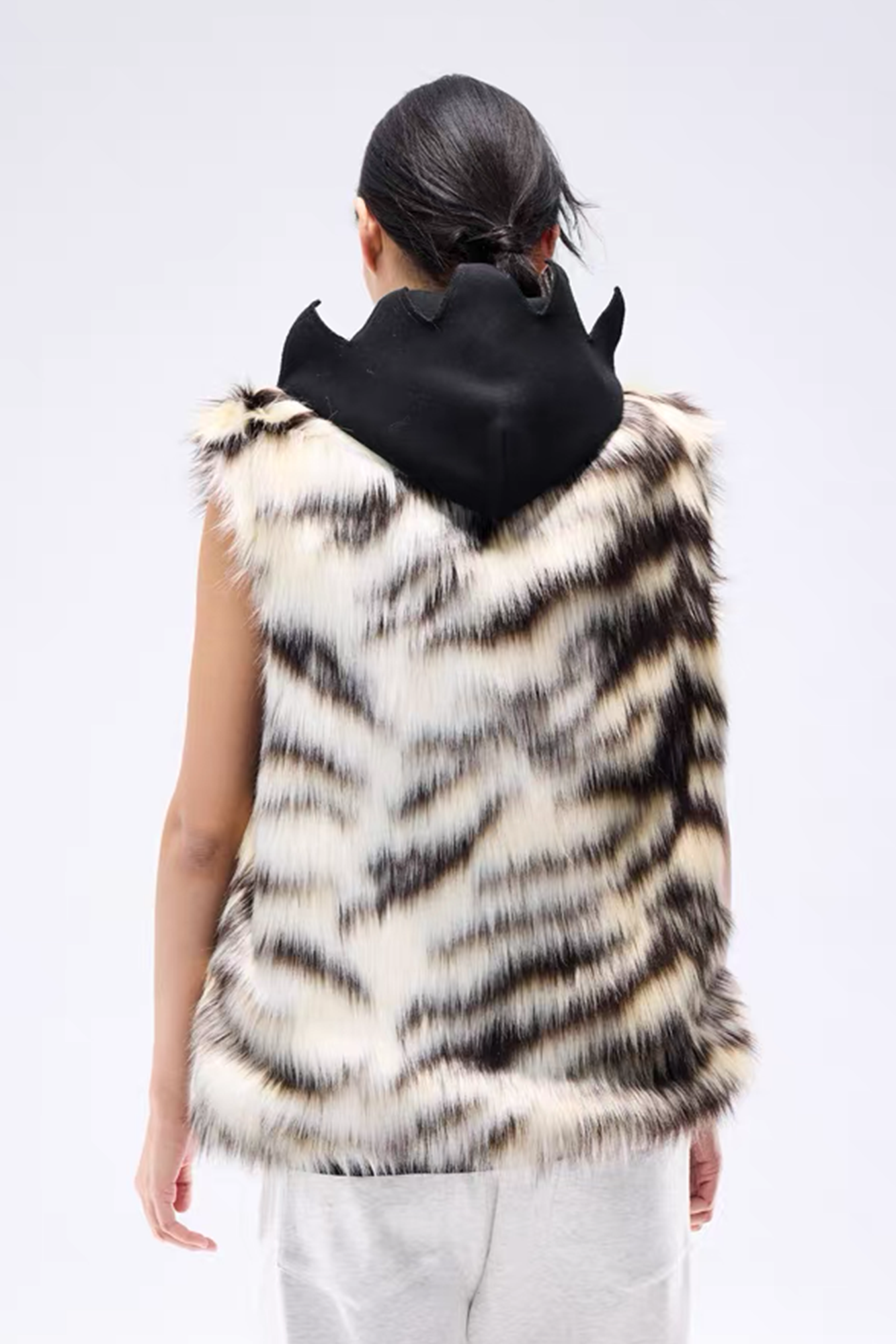 NOTHINGNESS WORLD Tiger-Stripe Spiked Crown Hooded Vest, premium urban and streetwear designers apparel on PROJECTISR.com, NOTHINGNESS WORLD