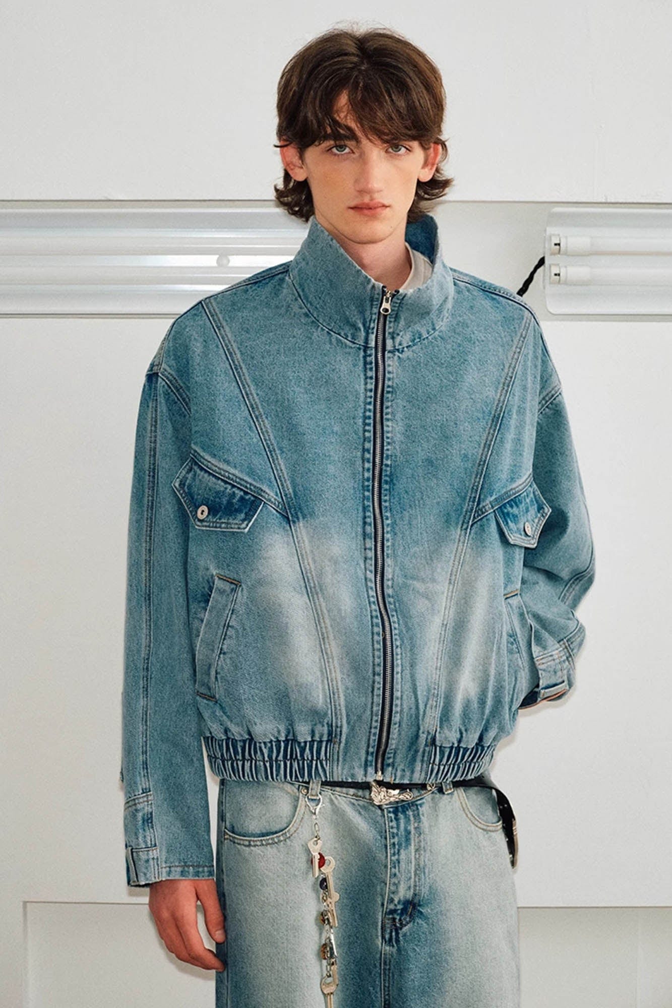 KREATE Jeans Cuff Spliced Stand Collar Jacket, premium urban and streetwear designers apparel on PROJECTISR.com, KREATE