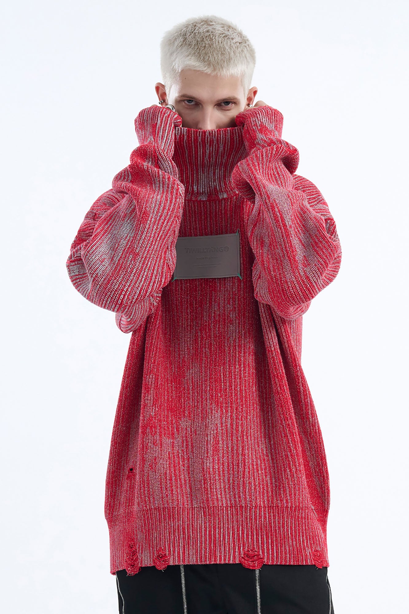 TIWILLTANG Distressed Foil High-Neck Sweater