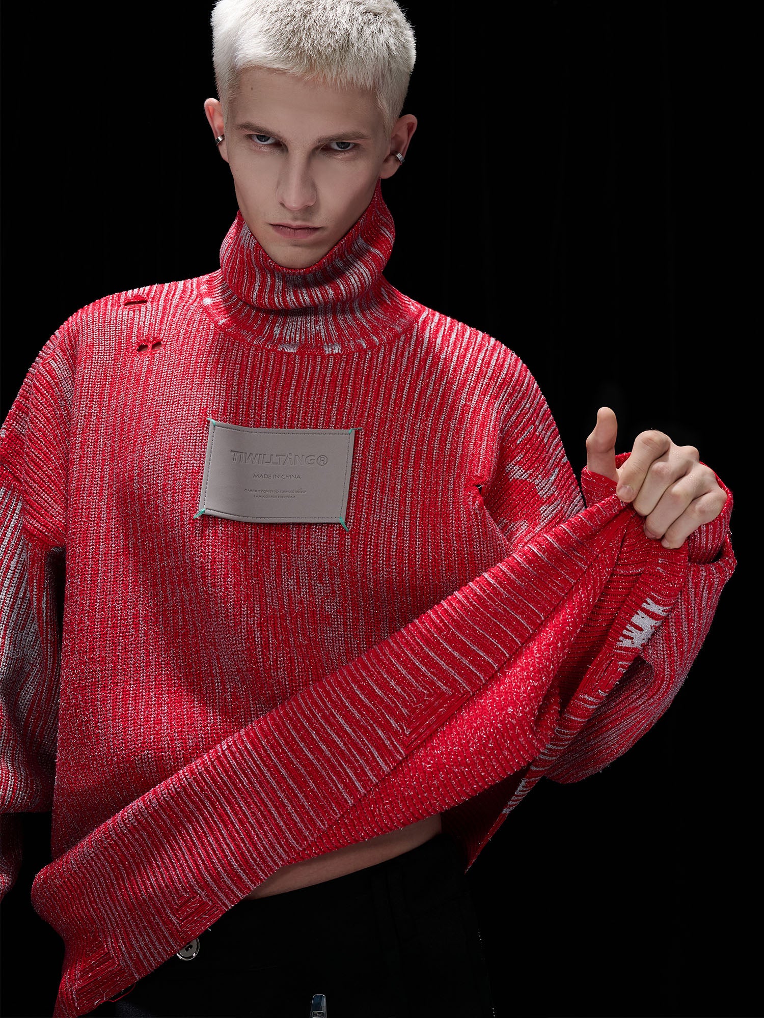 TIWILLTANG Distressed Foil High-Neck Sweater