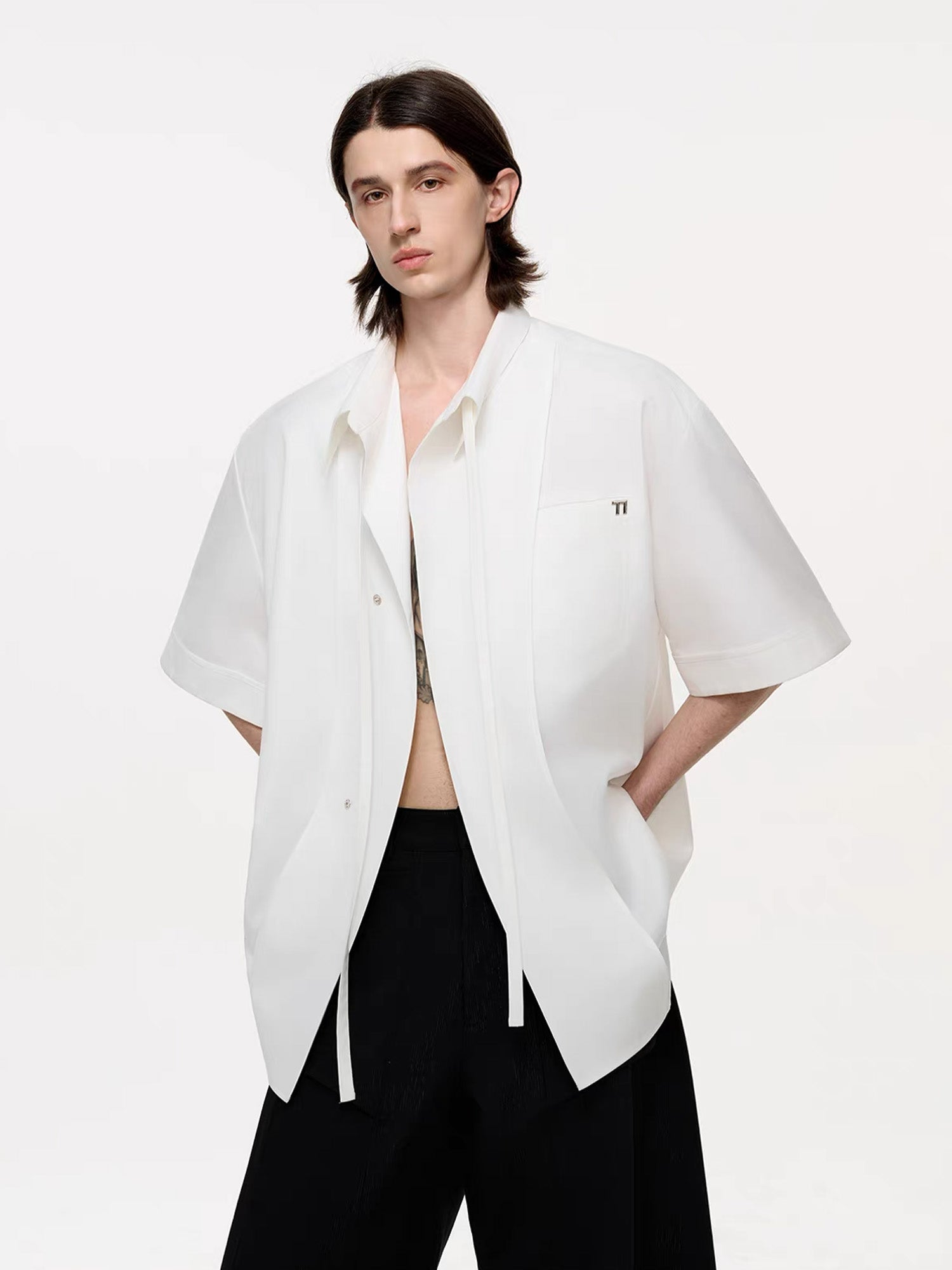 TIWILLTANG Draped Camp-Collar T Shirt, premium urban and streetwear designers apparel on PROJECTISR.com, TIWILLTANG
