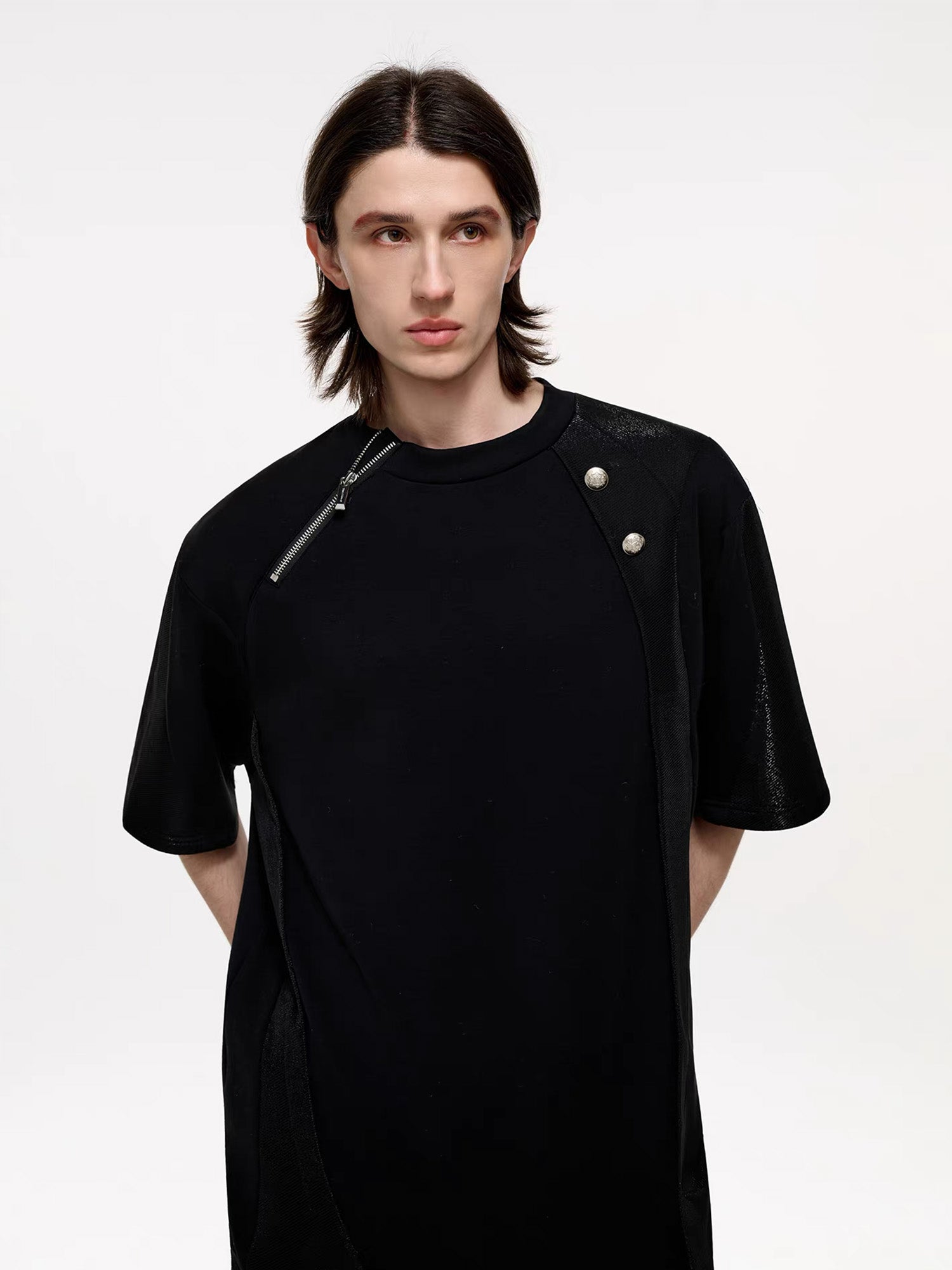 TIWILLTANG Asymmetrical Zip Layered T Shirt, premium urban and streetwear designers apparel on PROJECTISR.com, TIWILLTANG