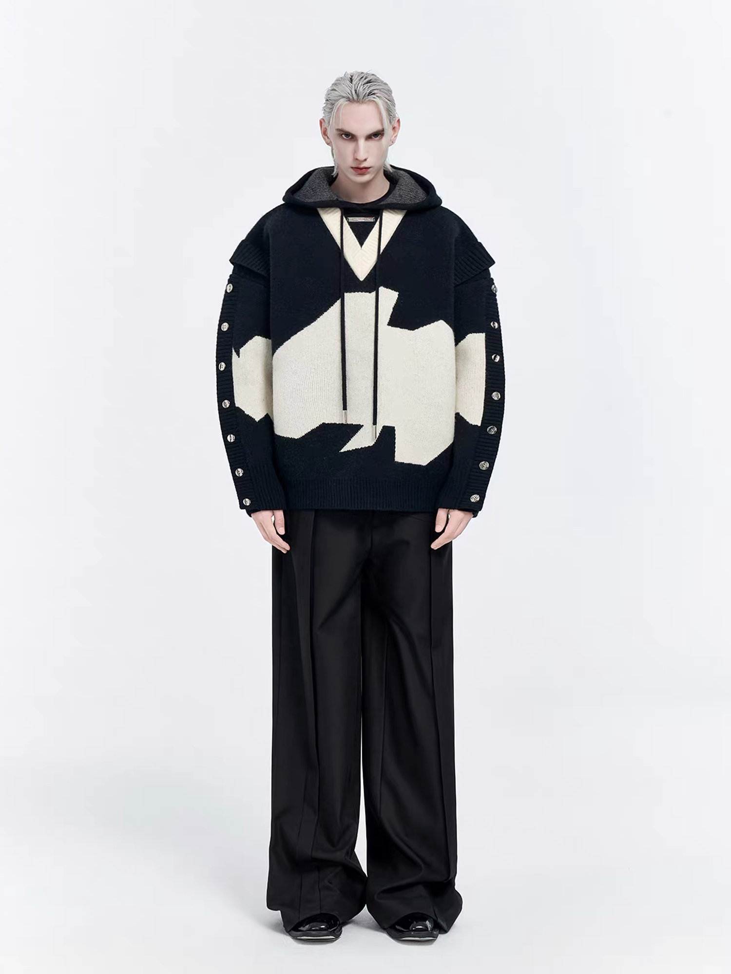 TIWILLTANG Contrast Layered Snap-Sleeves Knit Hoodie, premium urban and streetwear designers apparel on PROJECTISR.com, TIWILLTANG