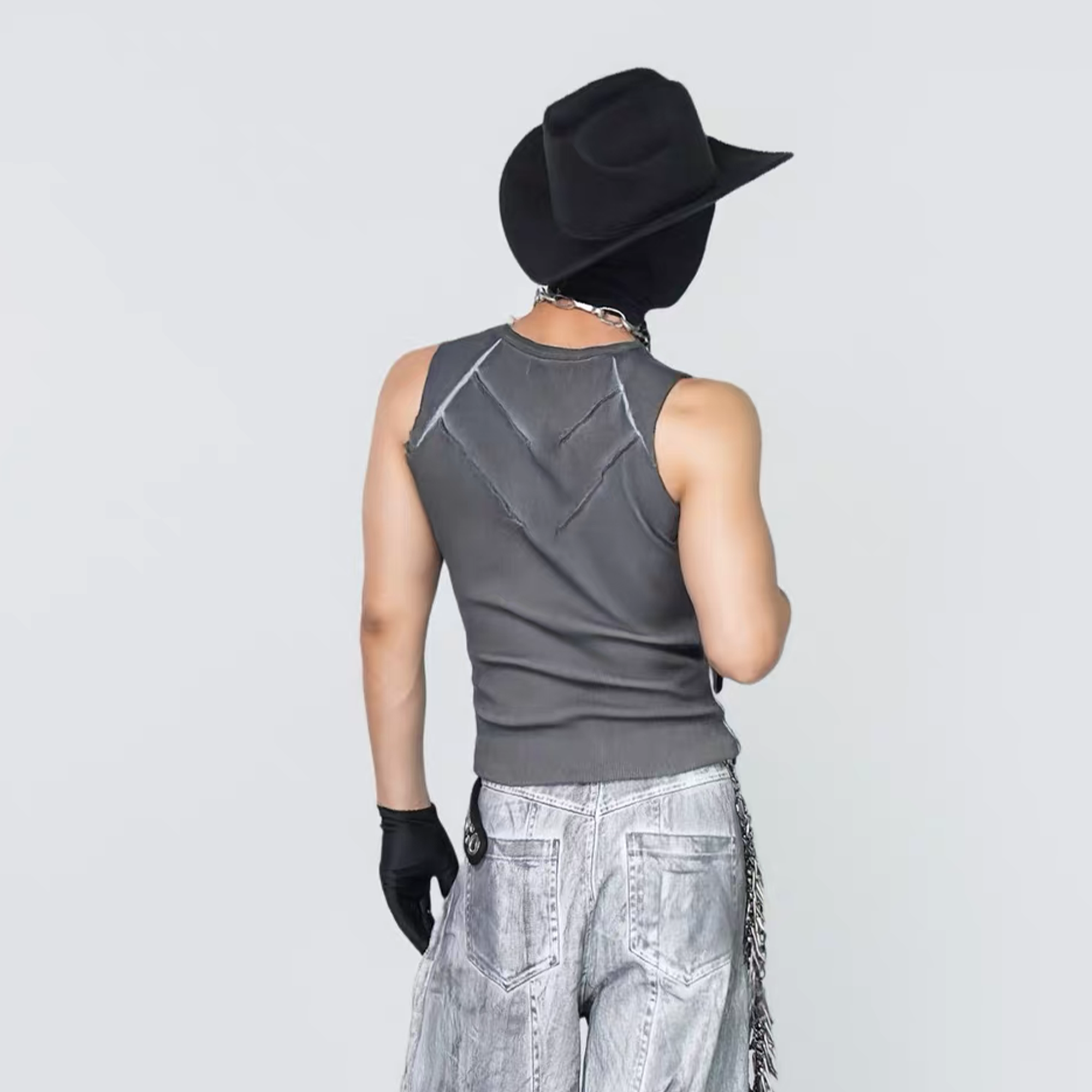 VE2 Distressed Washed Ribbed Cropped Slim Tank Top
