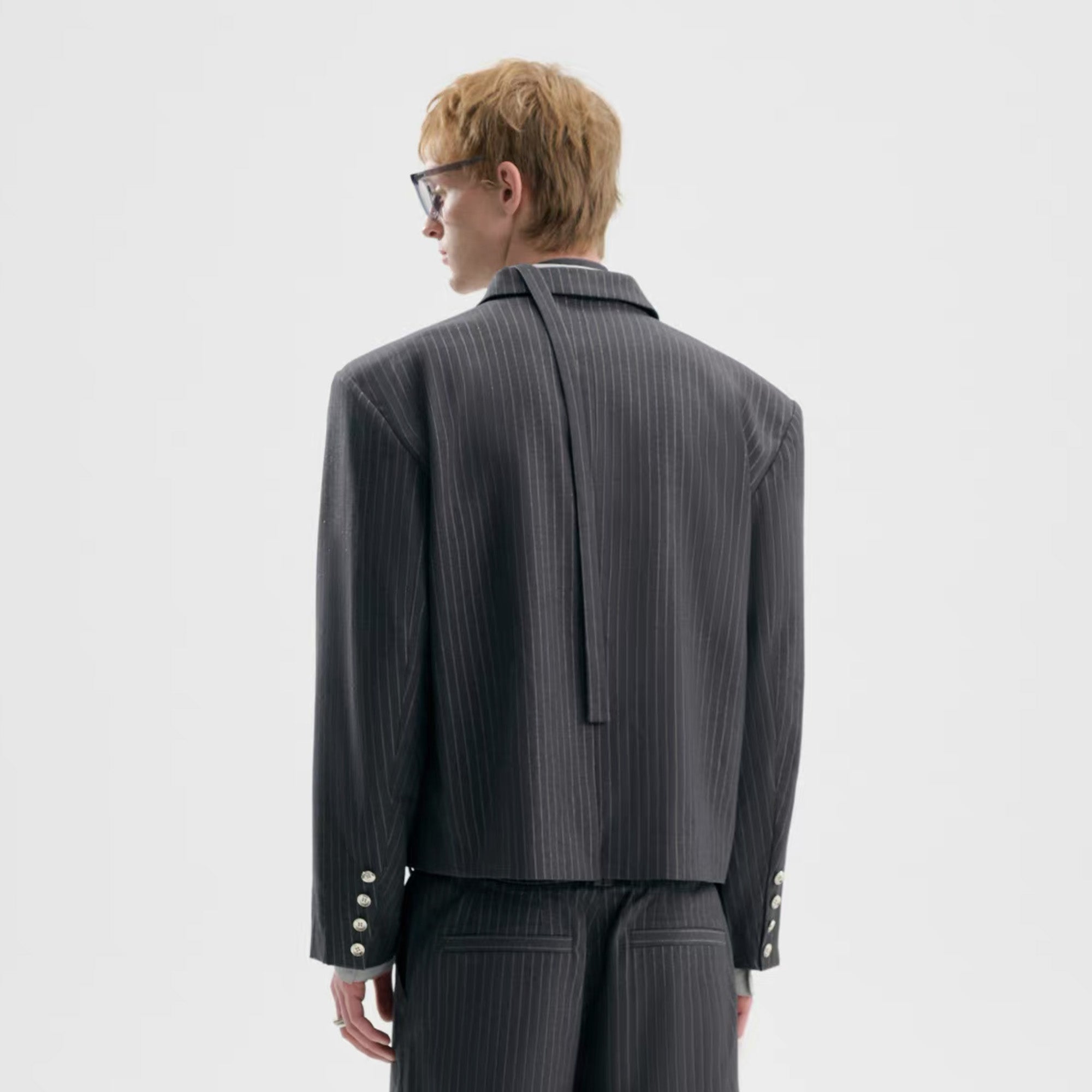 TIWILLTANG Cropped Pinstripe Strap Blazer, premium urban and streetwear designers apparel on PROJECTISR.com, TIWILLTANG