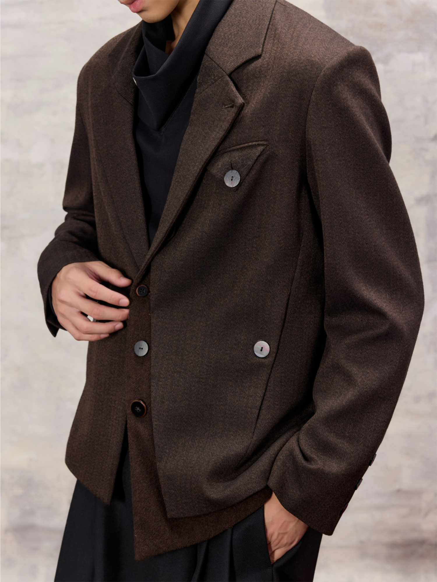 ALVNG AR ANTS Asym Herringbone Wool-Blend Blazer