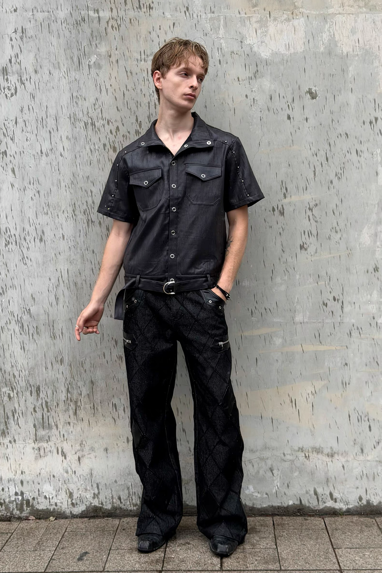 ESAIAS Studded Waxed Linen Belted Half Shirt