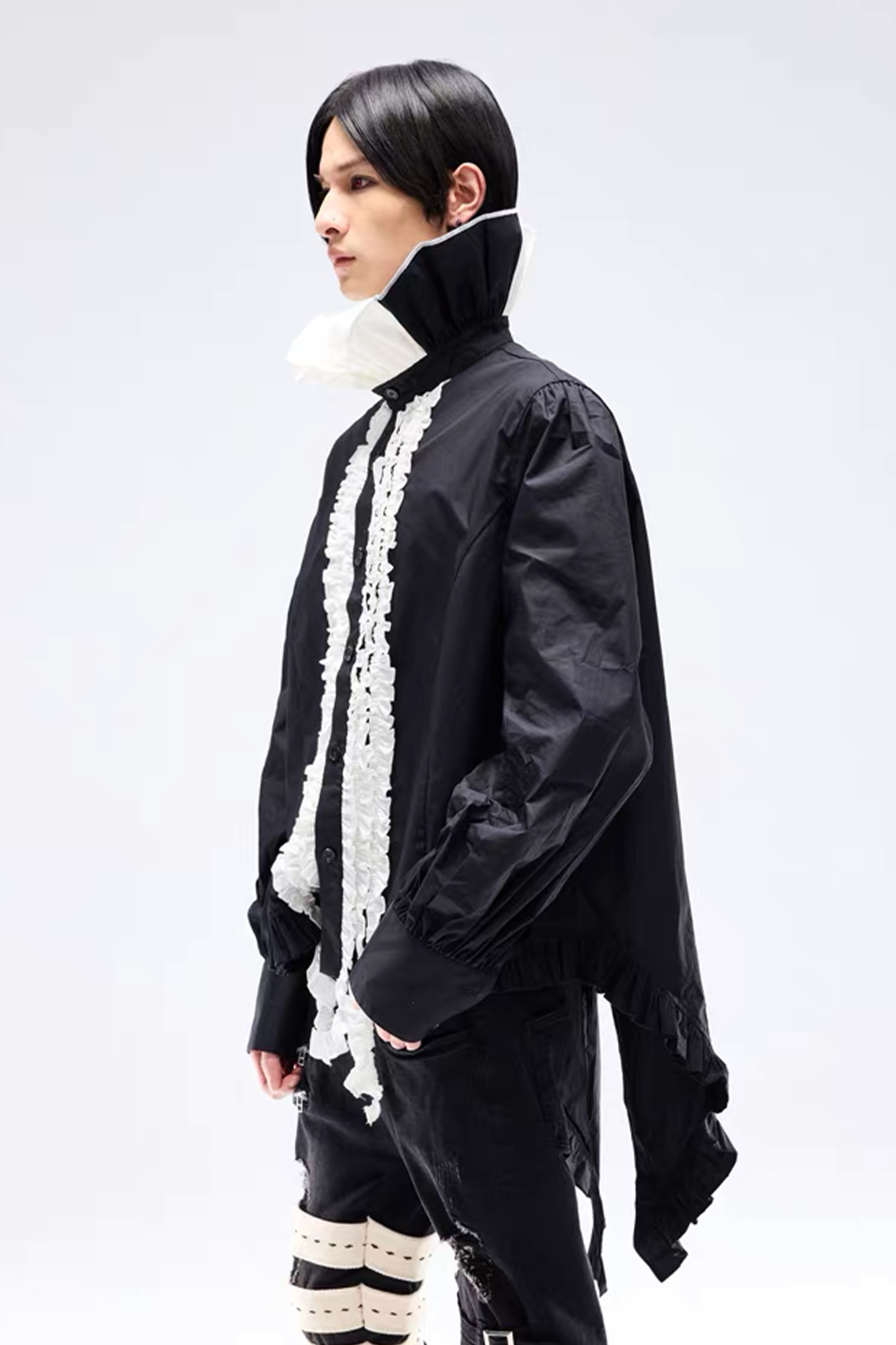 NOTHINGNESS WORLD Ruffle Bib Handkerchief-Hem Oversized Shirt, premium urban and streetwear designers apparel on PROJECTISR.com, NOTHINGNESS WORLD