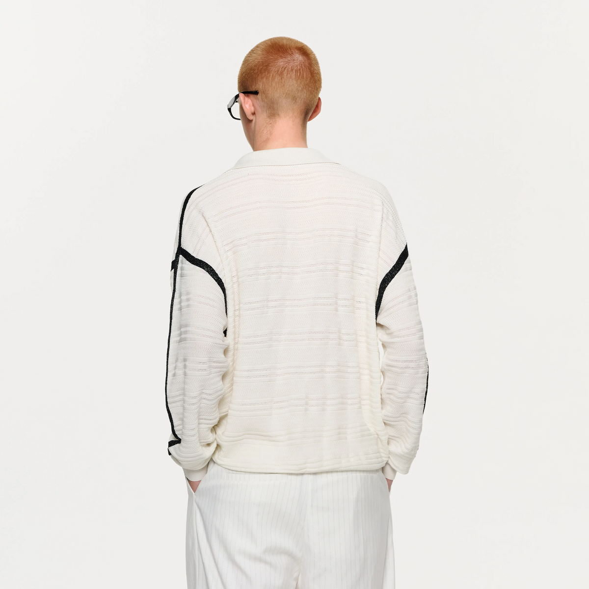 TIWILLTANG Contrast Striped Lace-Up Collar Pullover Sweater
