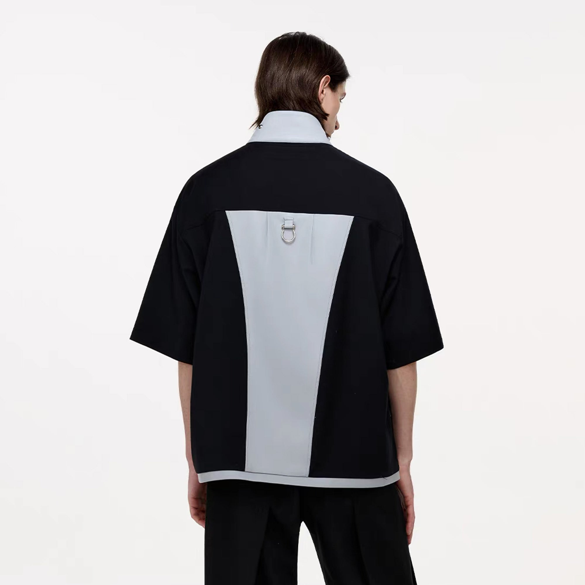 TIWILLTANG Layered-Collar Contrast-Panel Zip-Up Half Shirt, premium urban and streetwear designers apparel on PROJECTISR.com, TIWILLTANG