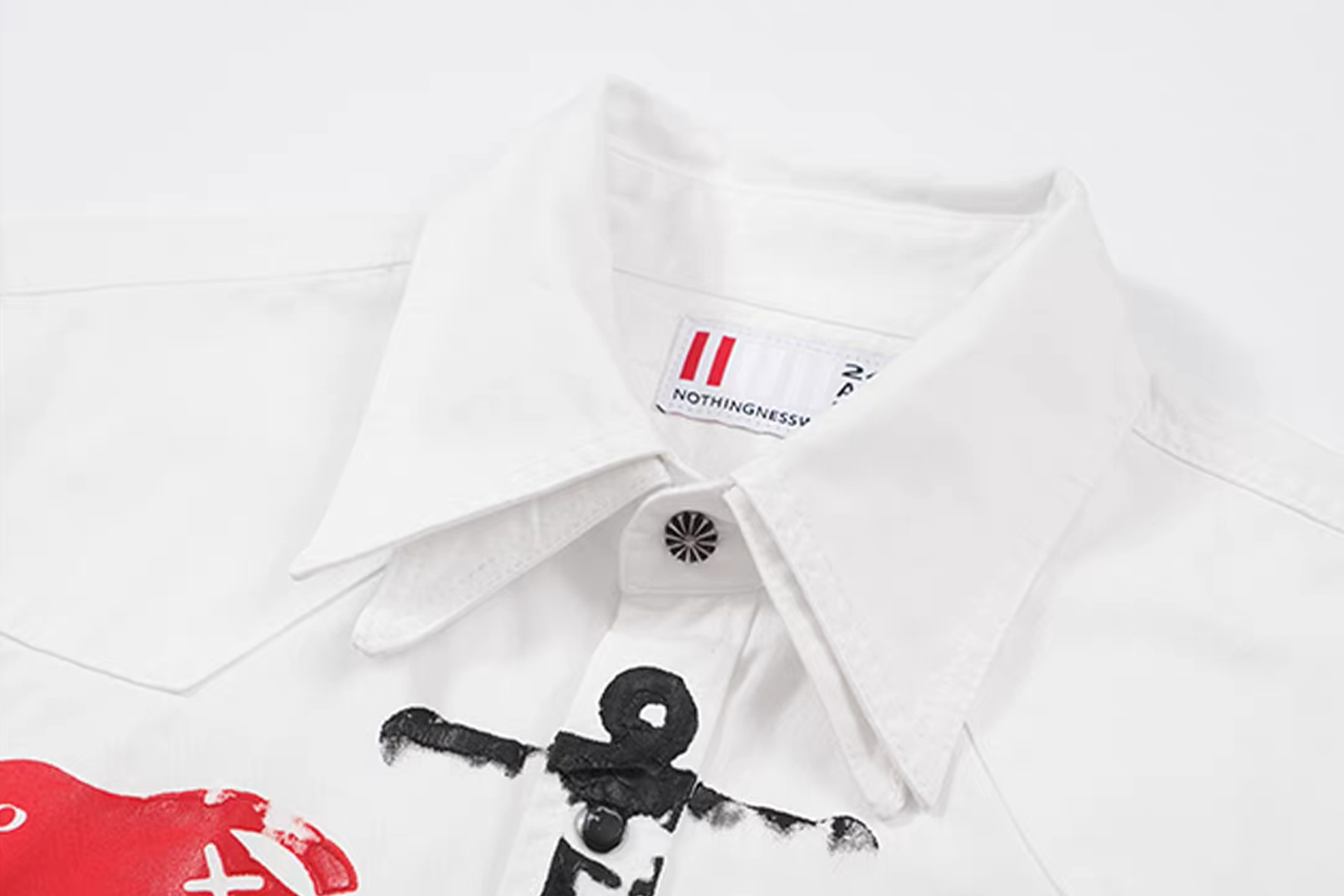 NOTHINGNESS WORLD Snake Graphic Layered-Collar Denim Shirt, premium urban and streetwear designers apparel on PROJECTISR.com, NOTHINGNESS WORLD