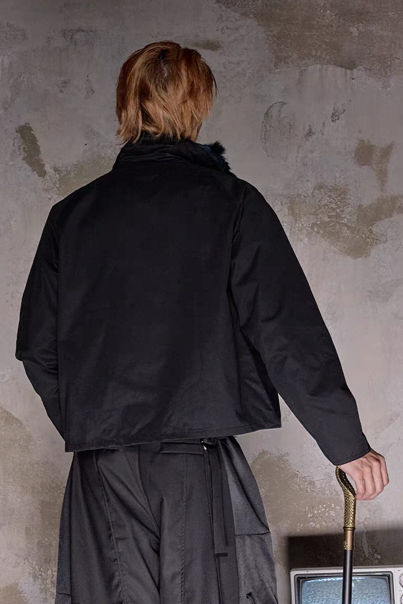 NOTHINGNESS WORLD Mottled Faux Fur Collar Snap-Button Jacket, premium urban and streetwear designers apparel on PROJECTISR.com, NOTHINGNESS WORLD