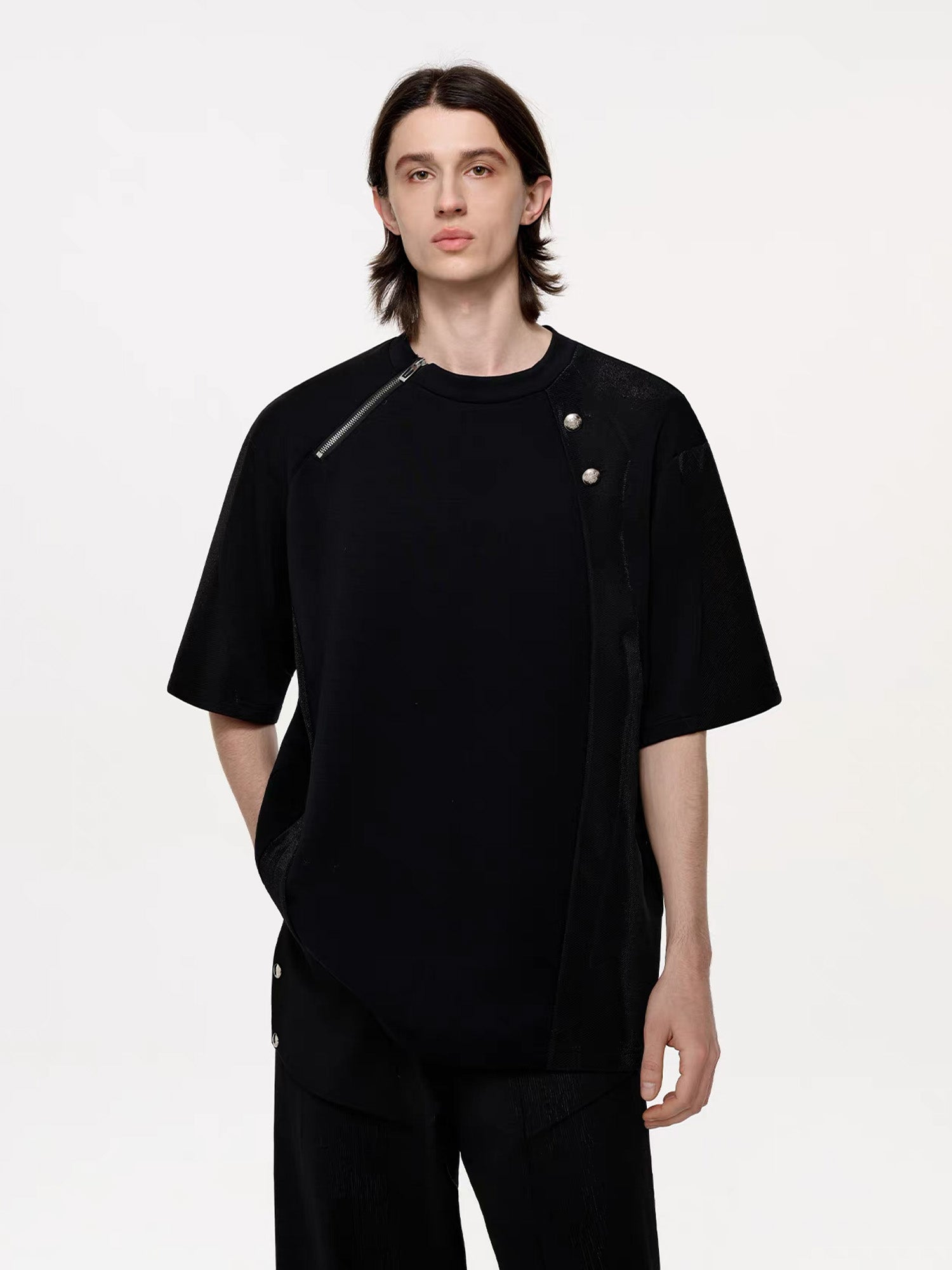 TIWILLTANG Asymmetrical Zip Layered T Shirt, premium urban and streetwear designers apparel on PROJECTISR.com, TIWILLTANG