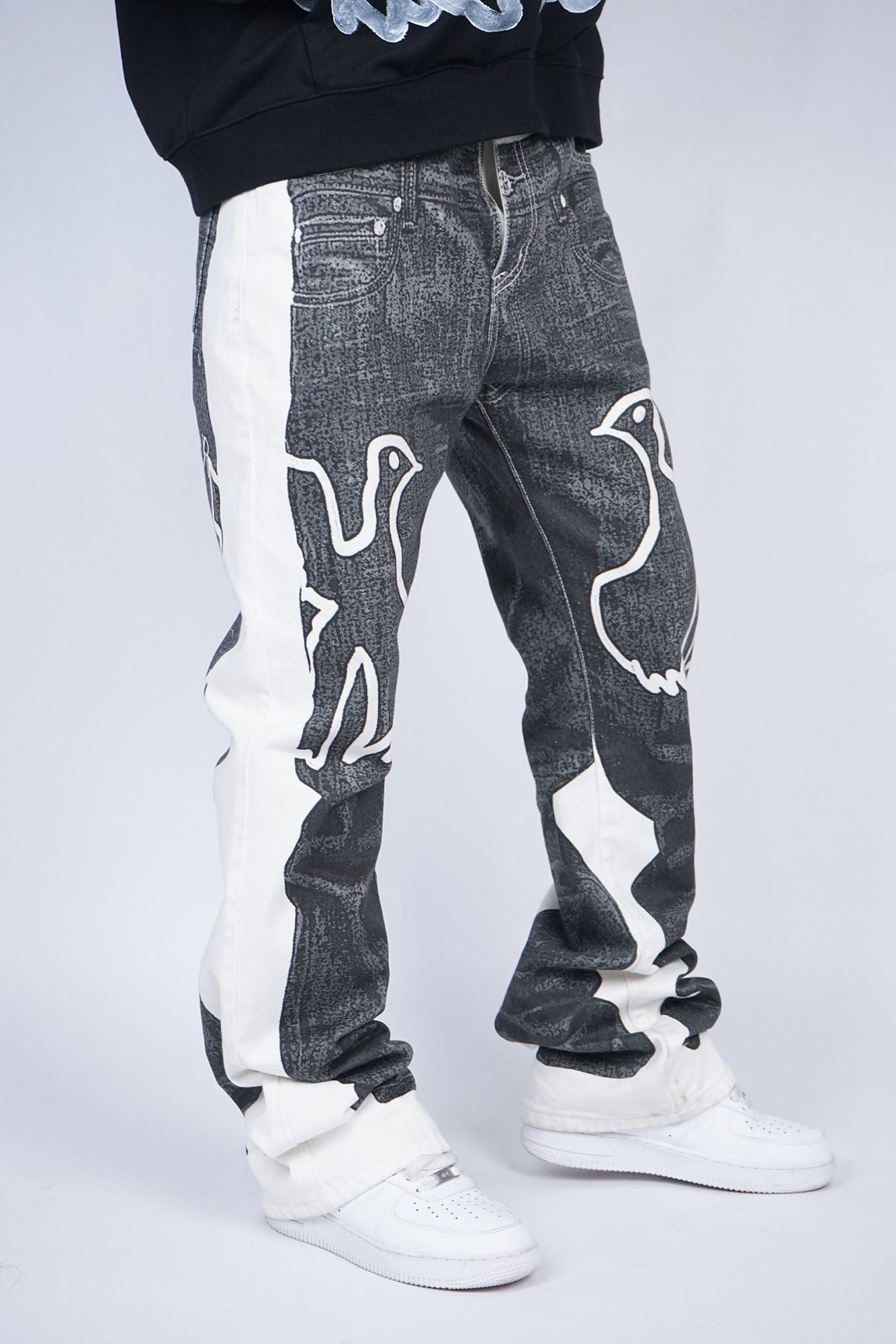 VINKID Faux-Layered Dove Graphic Contrast Panel Jeans, premium urban and streetwear designers apparel on PROJECTISR.com, VINKID
