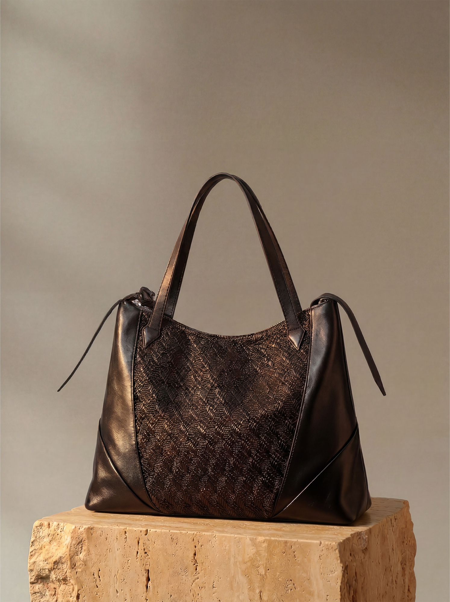 ALVNG AR ANTS Asymmetrical Ruched Woven Faux Leather Bag