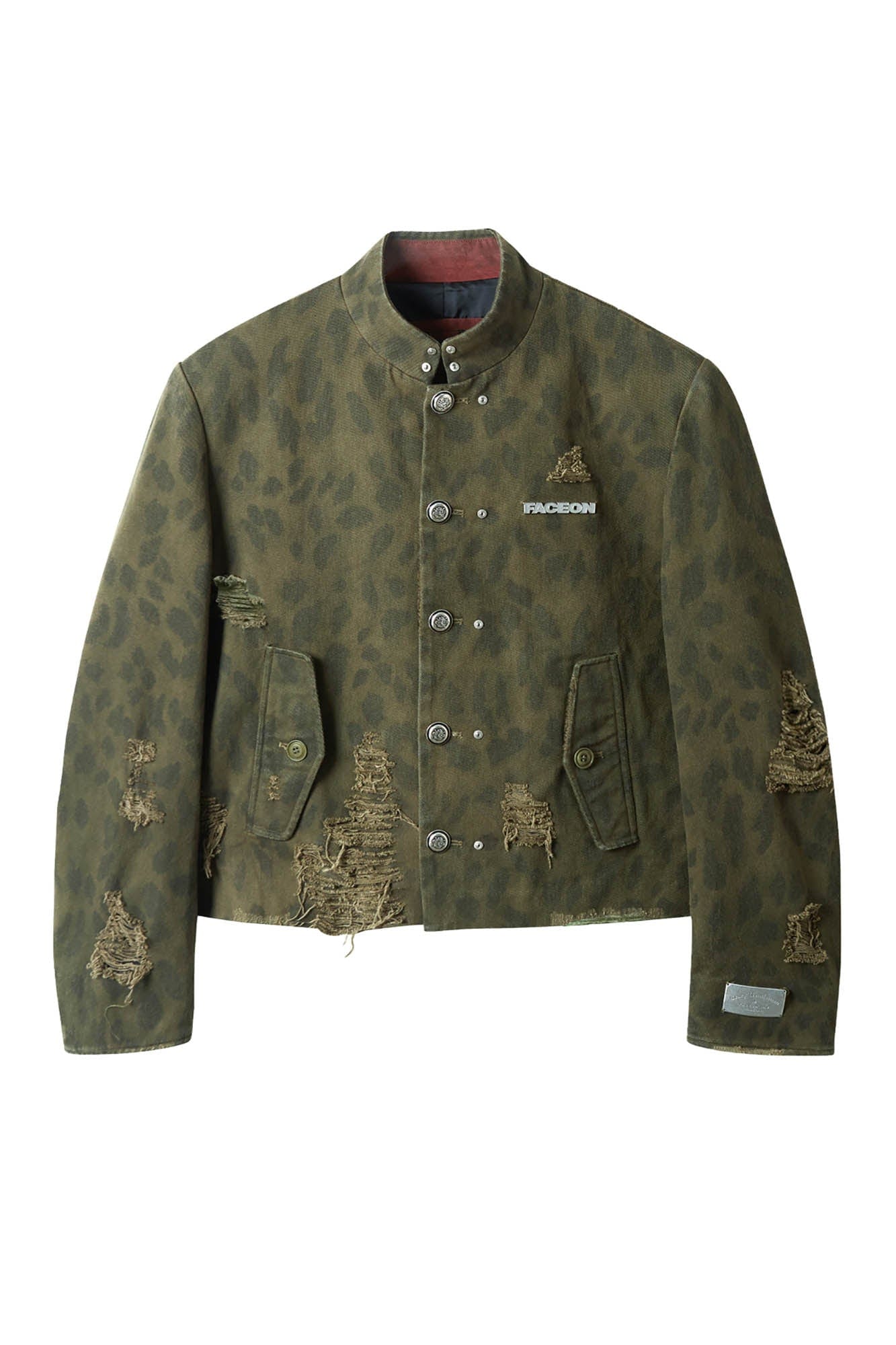 FACEONLAB Camo Leopard Ripped Stand Collar Jacket, premium urban and streetwear designers apparel on PROJECTISR.com, FACEONLAB
