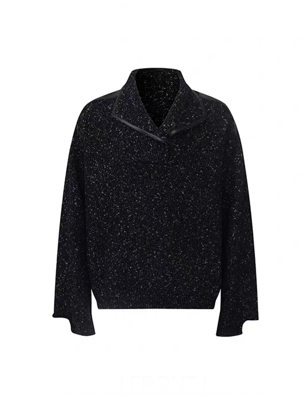 TIWILLTANG Spliced Faux Leather Dot-Yarn Fold Collar Sweater
