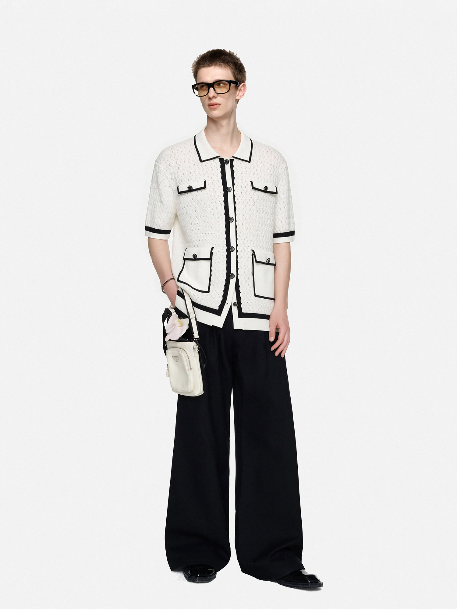 TIWILLTANG Contrast Trim Knitted Half Shirt