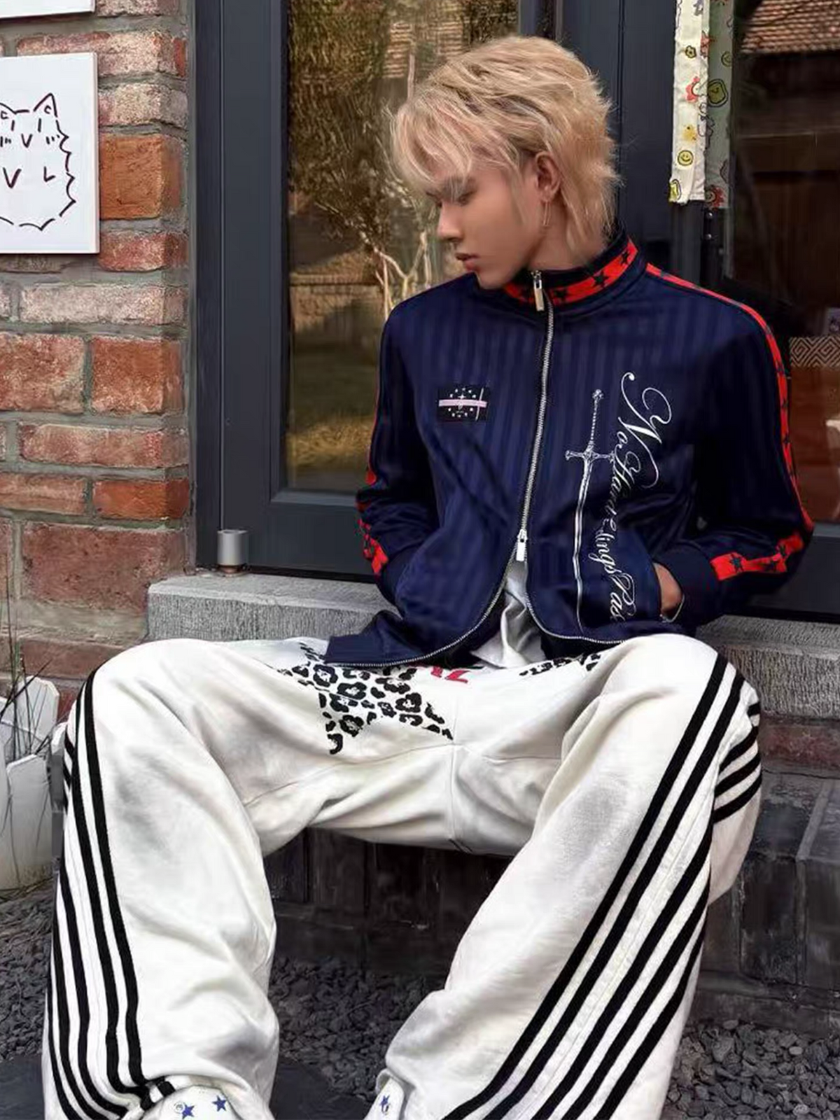 PASET Striped Star-Graphic Spliced Stand-Collar Zip Jacket