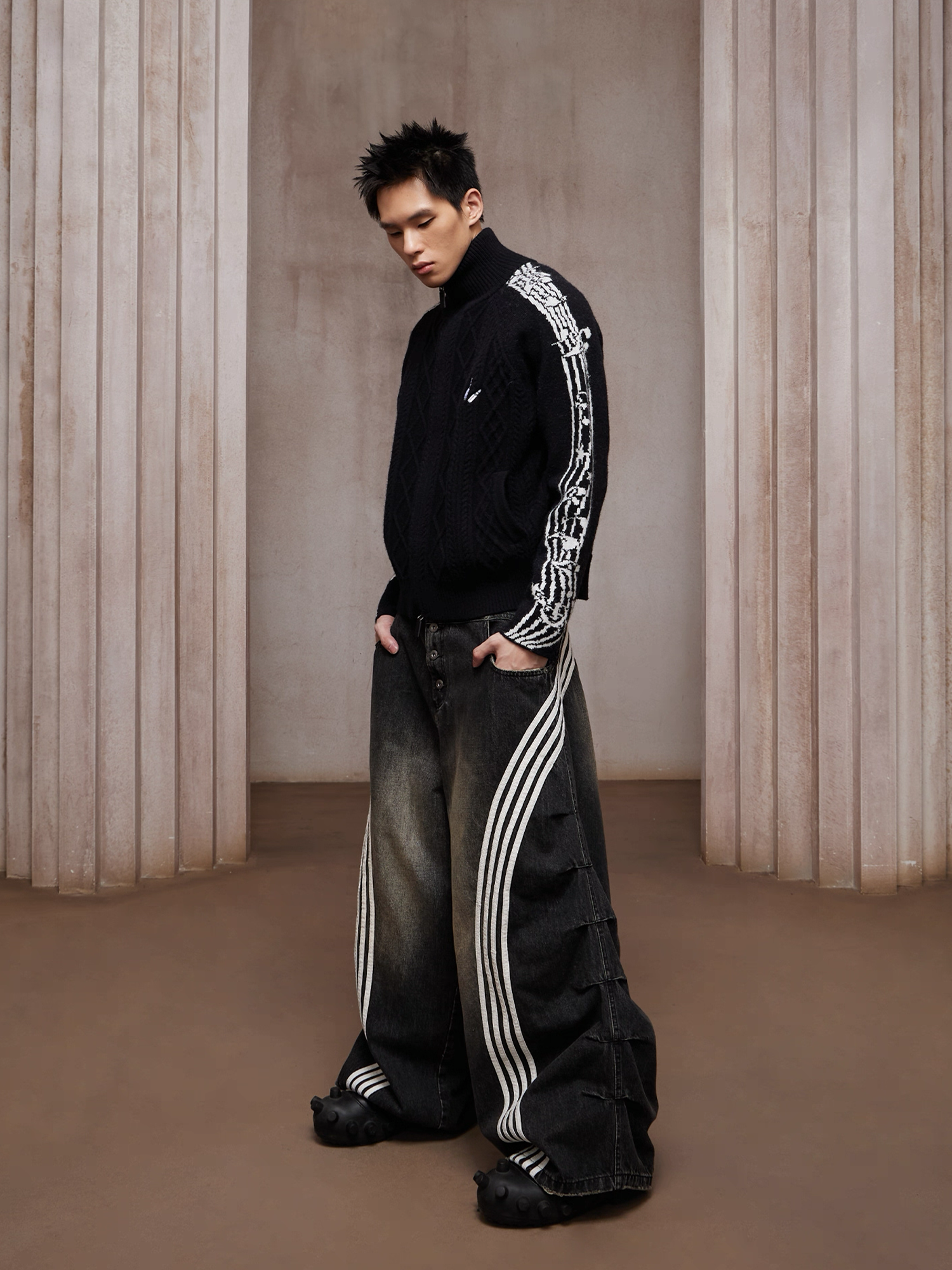 DND4DES Washed Ruched Striped Baggy Jeans