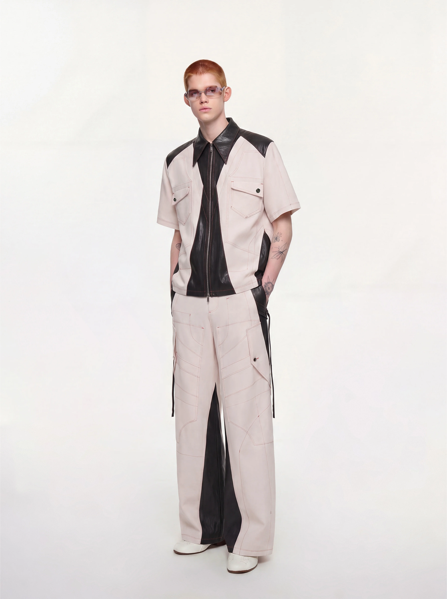 TIWILLTANG Contrast Stitch Paneled Wide-Leg Pants