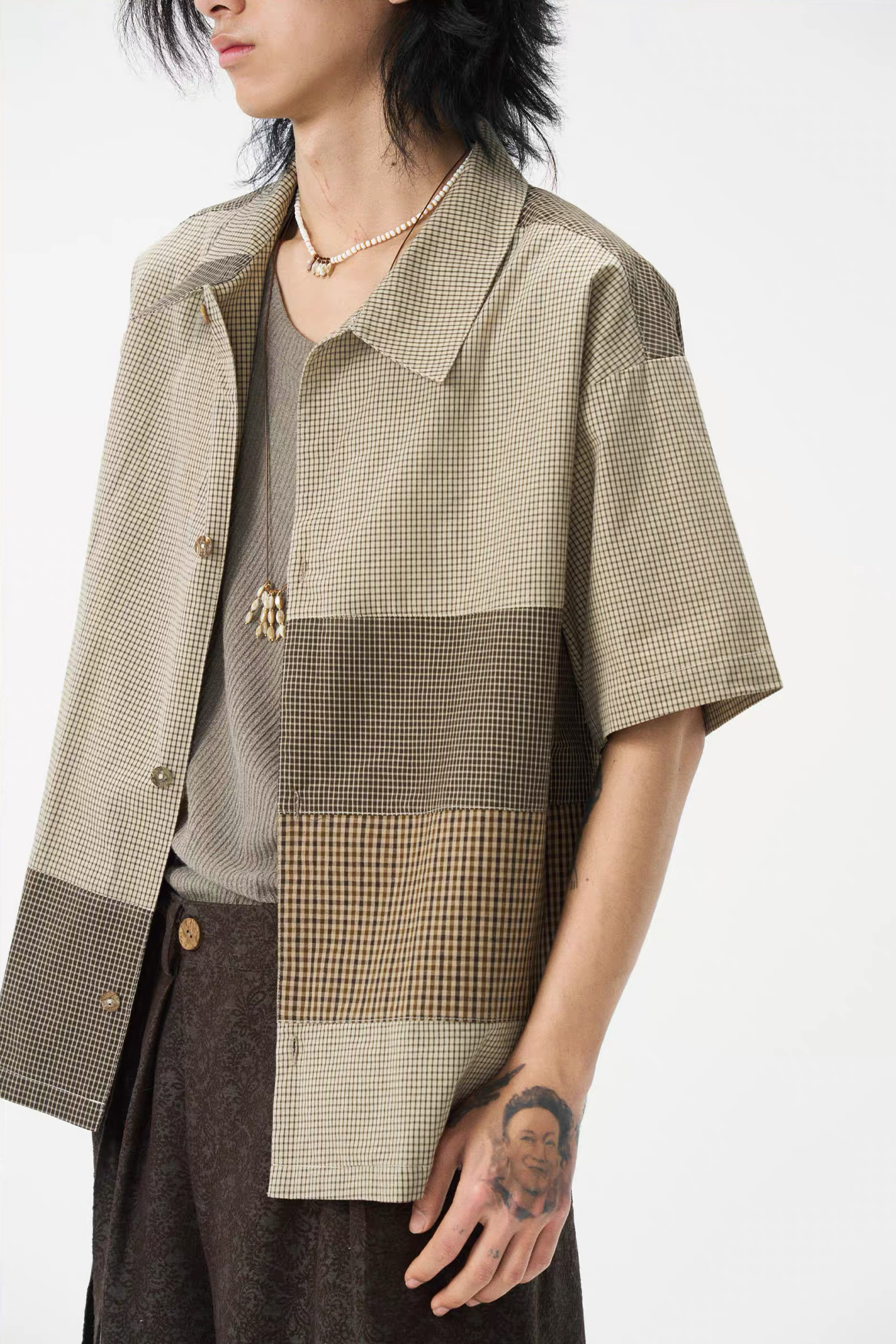 GONGHE REPUB Patchwork Check Relaxed Shirt, premium urban and streetwear designers apparel on PROJECTISR.com, GONGHE REPUB
