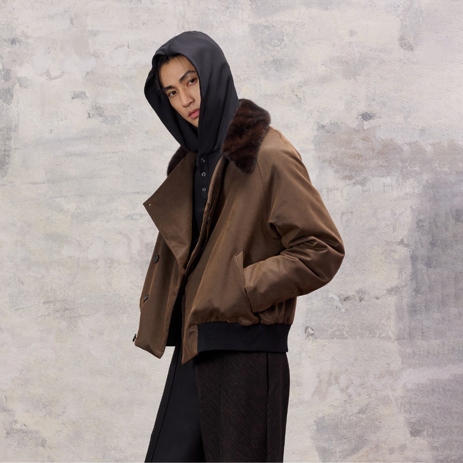 ALVNG AR ANTS Asymmetrical Placket Faux Fur Collar Jacket