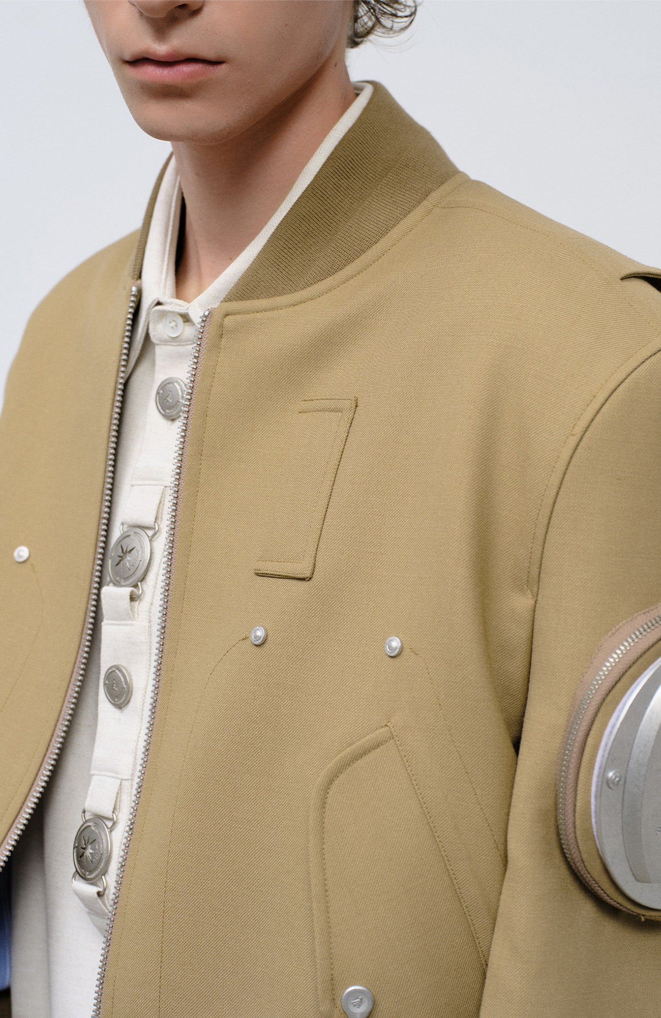 FACEONLAB Arm-Patched Bomber Jacket Khaki, premium urban and streetwear designers apparel on PROJECTISR.com, FACEONLAB