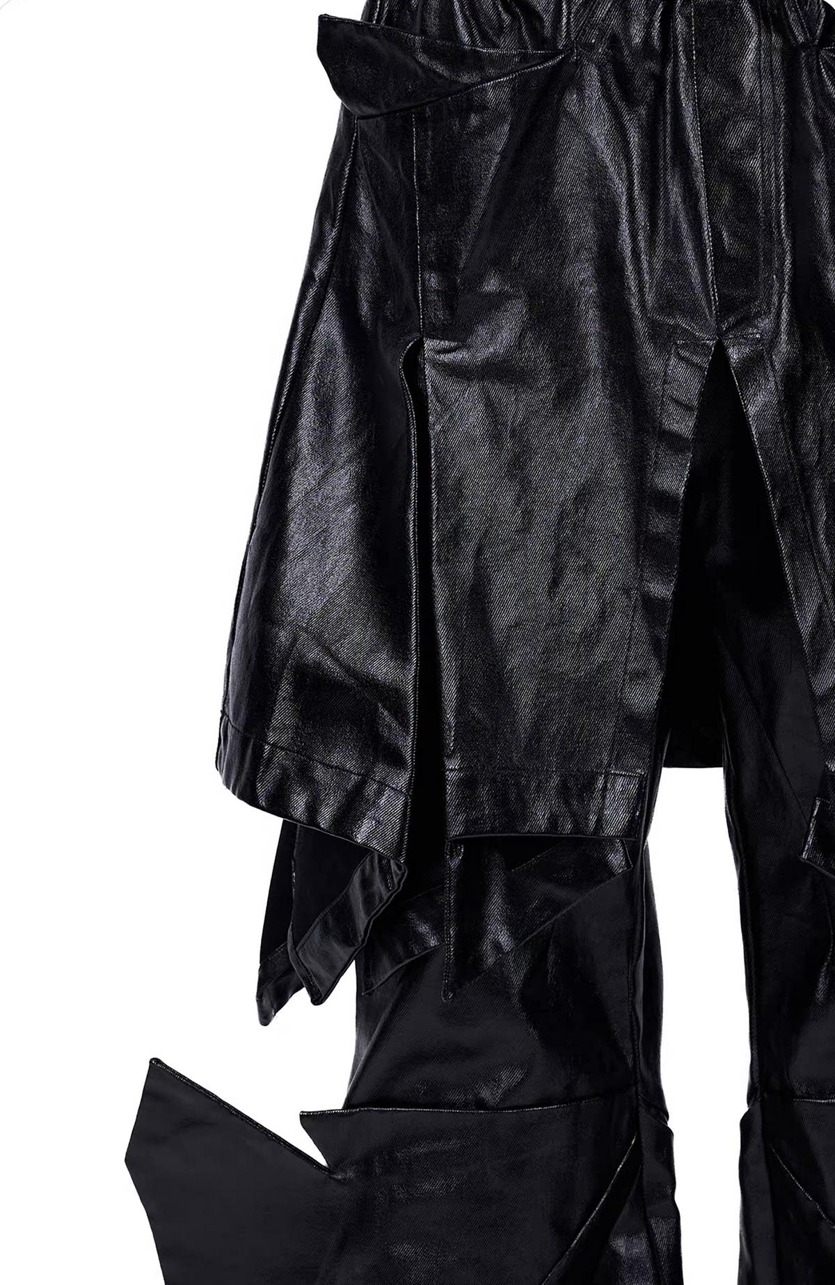 VANGUARDIA Deconstructed Layered Coated Denim Flared Pants