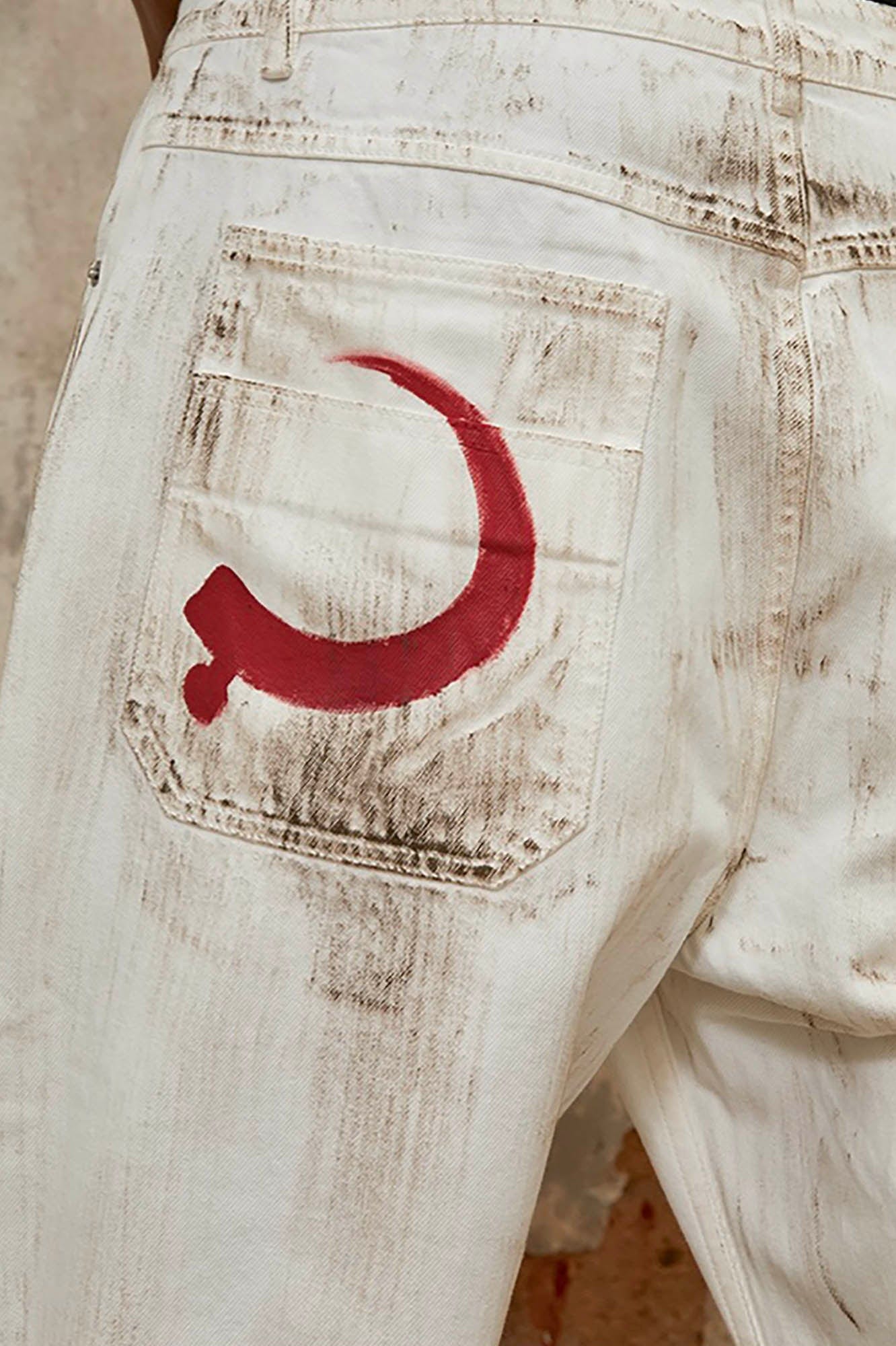 TRIANGLE PROJECT Distressed Crescent Blade Flared Denim Pants, premium urban and streetwear designers apparel on PROJECTISR.com, TRIANGLE PROJECT
