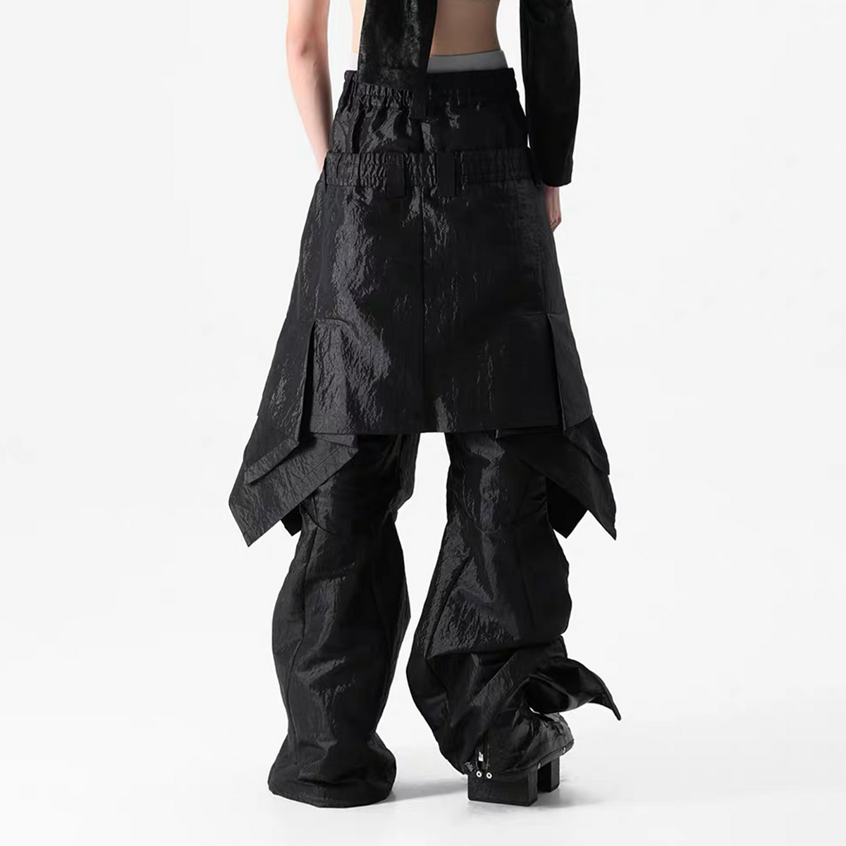 VANGUARDIA Liquid Metal Layered-Waist Skirt Pants