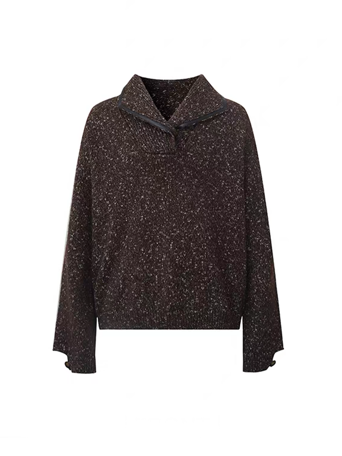 TIWILLTANG Spliced Faux Leather Dot-Yarn Fold Collar Sweater