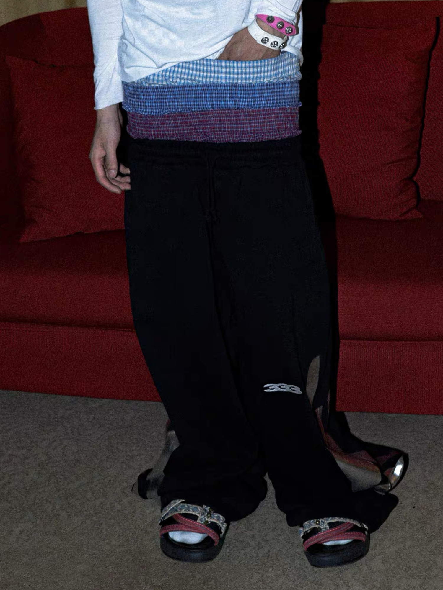 PCCVISION Layered Waist Foil Graphic Baggy Sweatpants, premium urban and streetwear designers apparel on PROJECTISR.com, PCCVISION