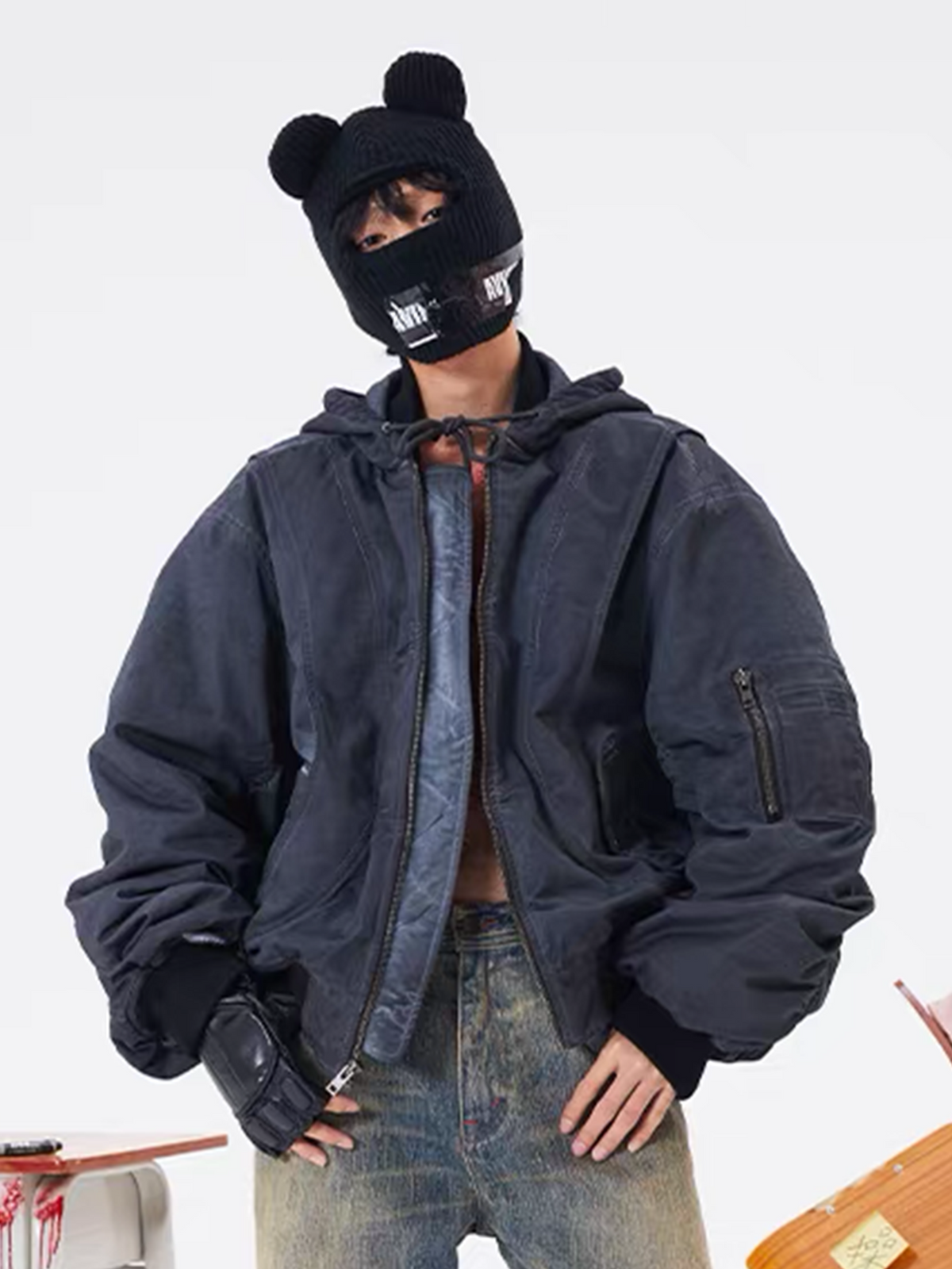 AVINMADE Washed Stitch Hooded Bomber Jacket