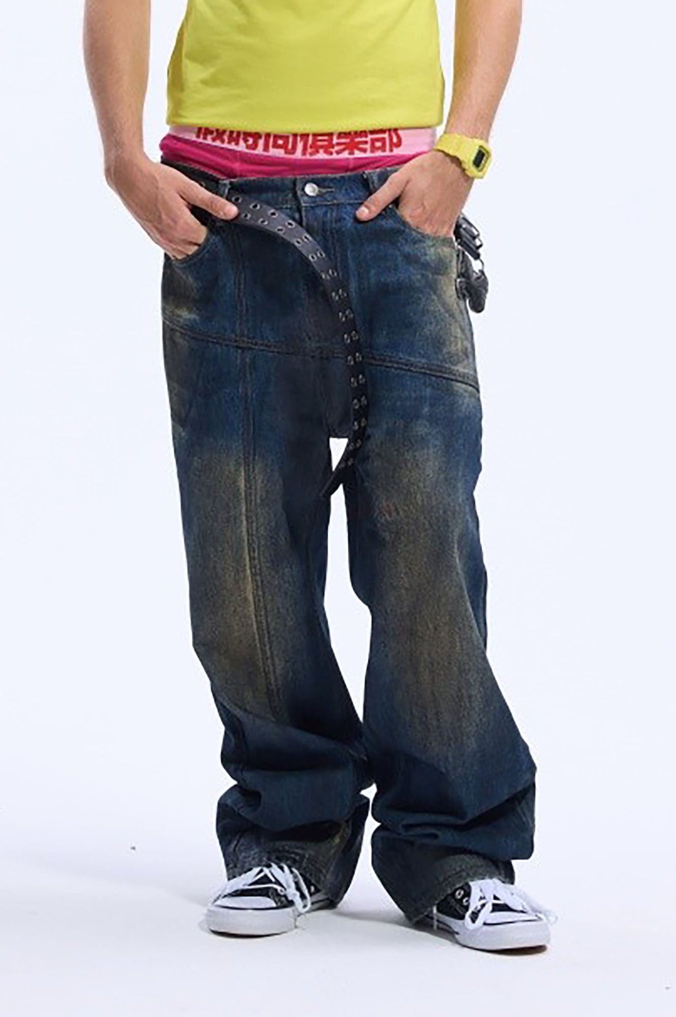VINKID Asymmetrical Spliced Distressed Jeans, premium urban and streetwear designers apparel on PROJECTISR.com, VINKID