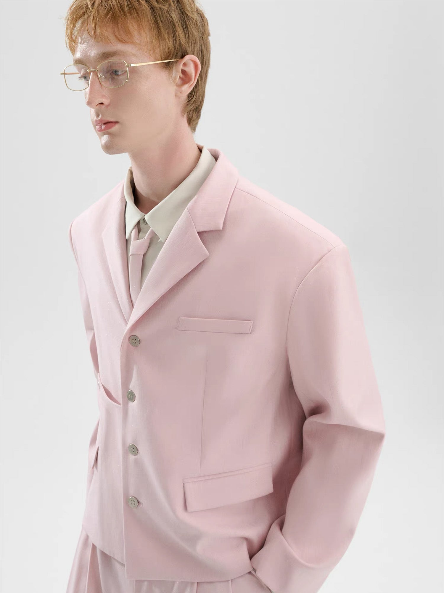 TIWILLTANG Cropped Pinstripe Strap Blazer White/Pink, premium urban and streetwear designers apparel on PROJECTISR.com, TIWILLTANG