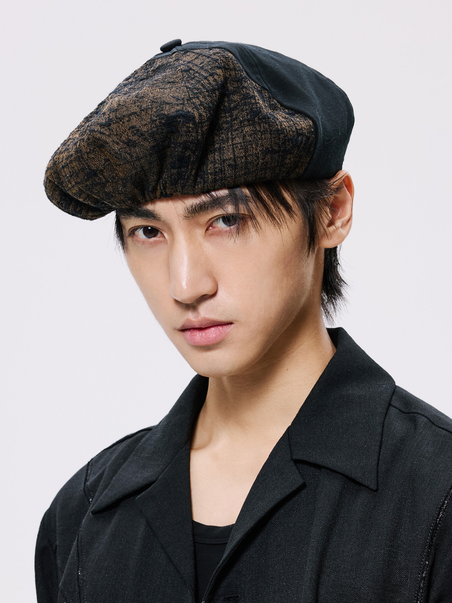 ALVNG AR ANTS Burnout Jacquard Paneled Acetate Beret, premium urban and streetwear designers apparel on PROJECTISR.com, ALVNG AR ANTS
