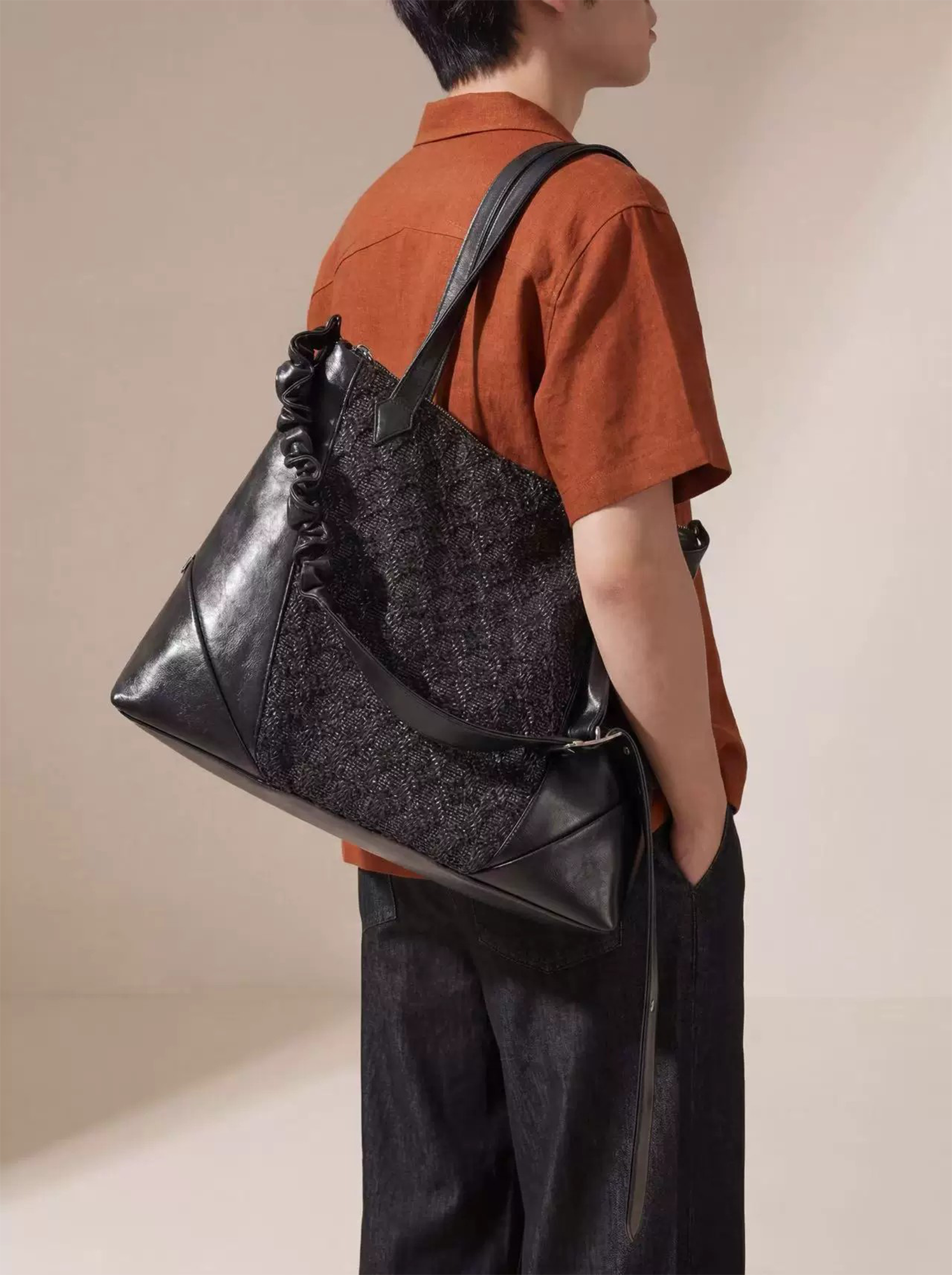 ALVNG AR ANTS Asymmetrical Ruched Woven Faux Leather Bag