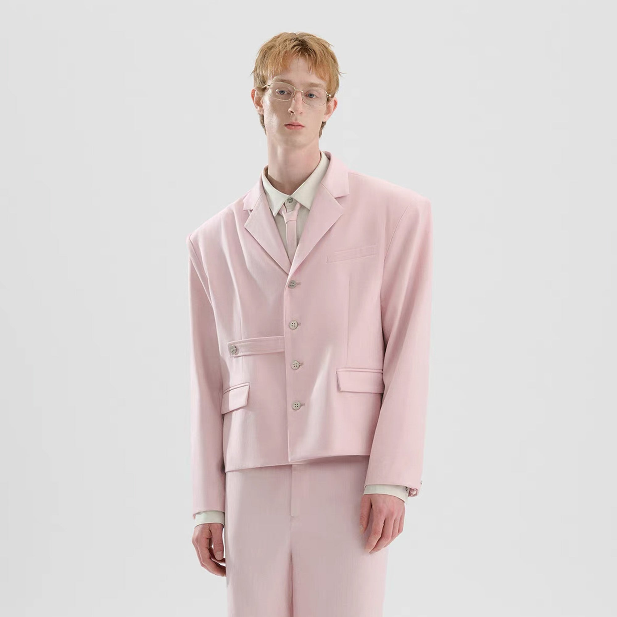 TIWILLTANG Cropped Pinstripe Strap Blazer White/Pink, premium urban and streetwear designers apparel on PROJECTISR.com, TIWILLTANG