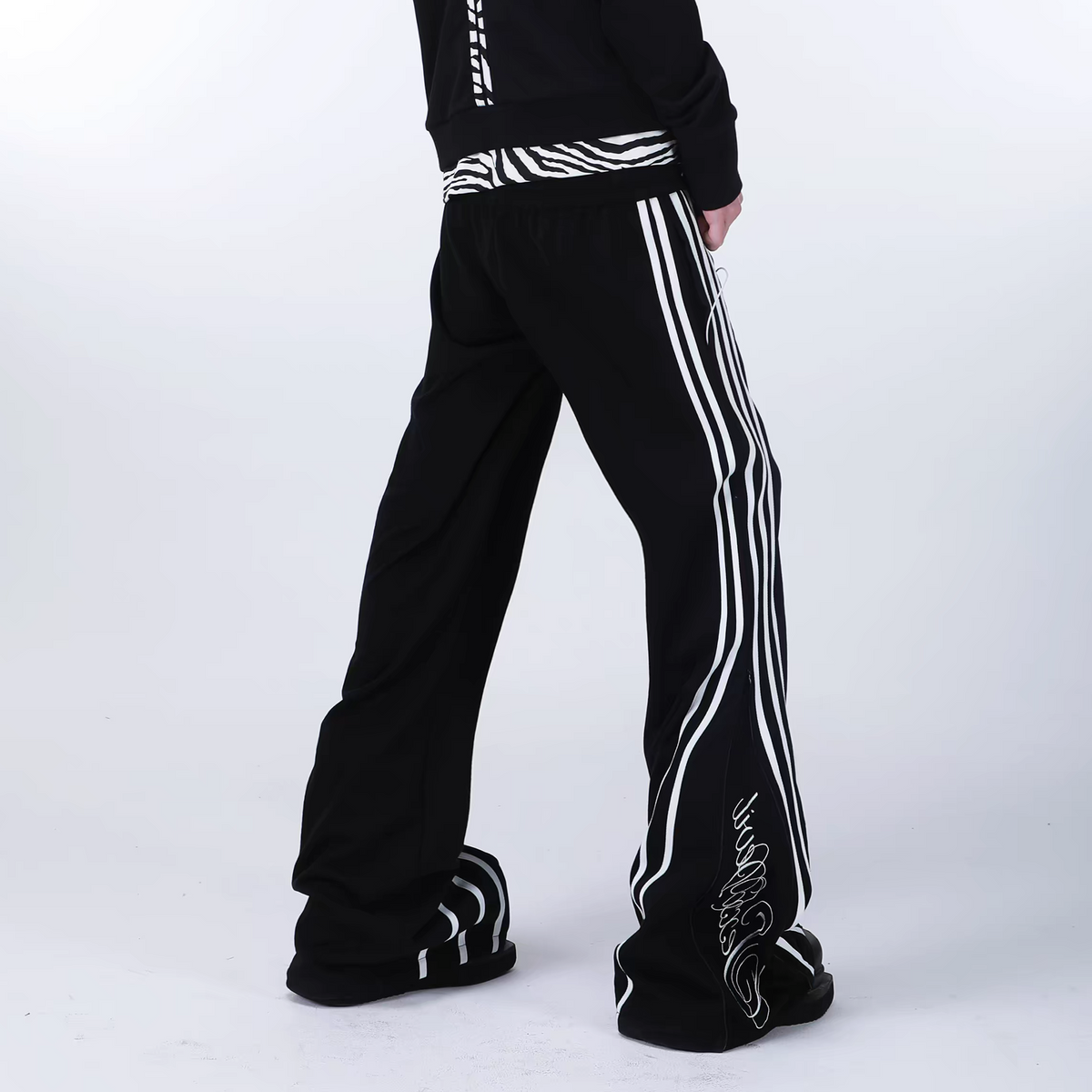 SEXXDEVIL Striped Deconstructed Zippered Embroidered Sweatpants