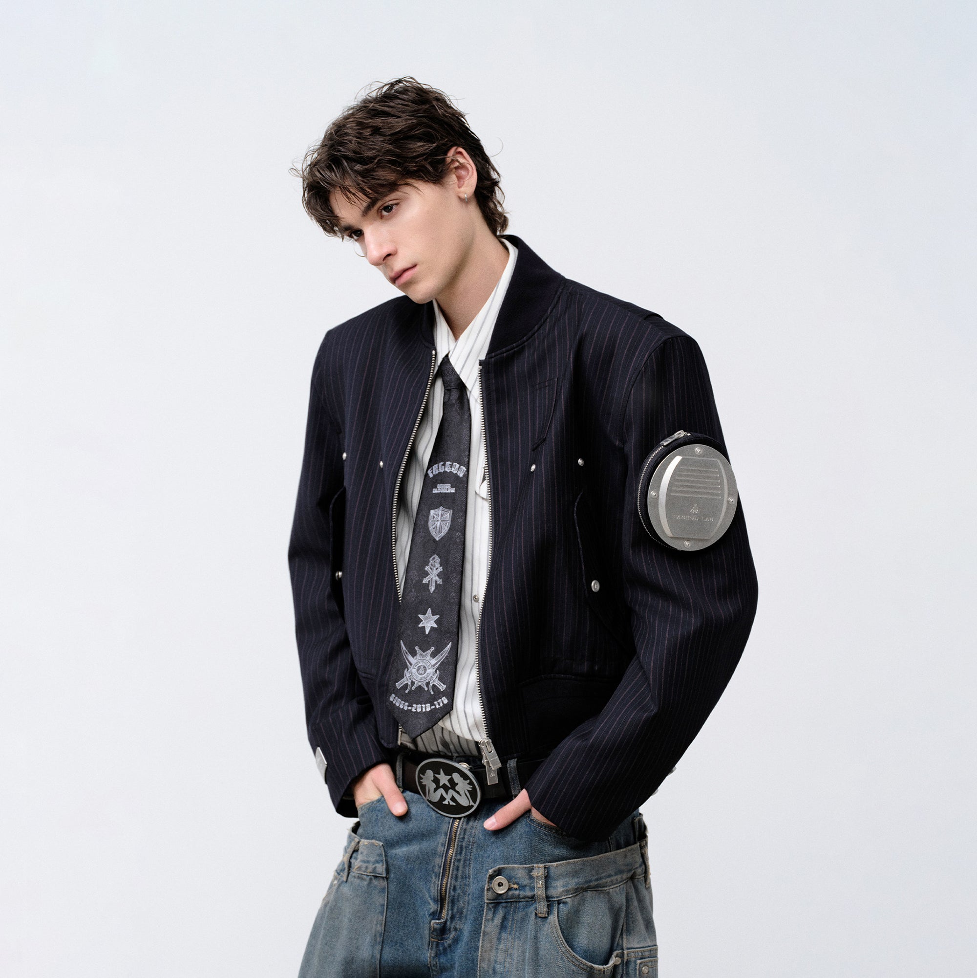 FACEONLAB Arm-Patched Bomber Jacket Navy, premium urban and streetwear designers apparel on PROJECTISR.com, FACEONLAB