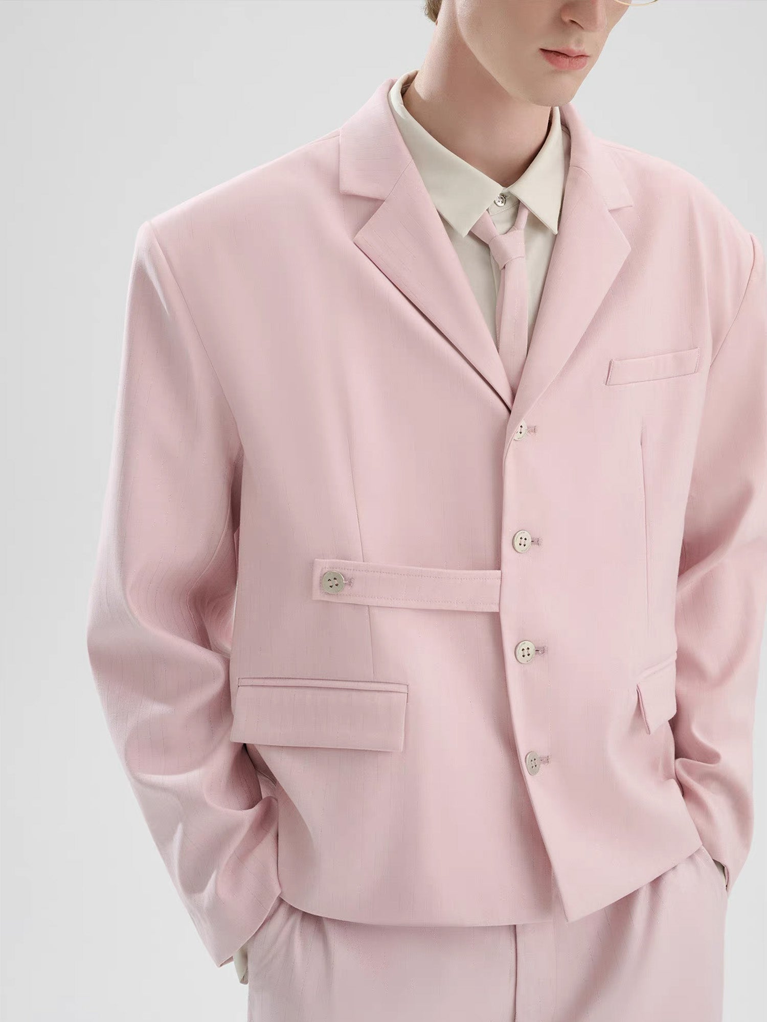 TIWILLTANG Cropped Pinstripe Strap Blazer White/Pink, premium urban and streetwear designers apparel on PROJECTISR.com, TIWILLTANG